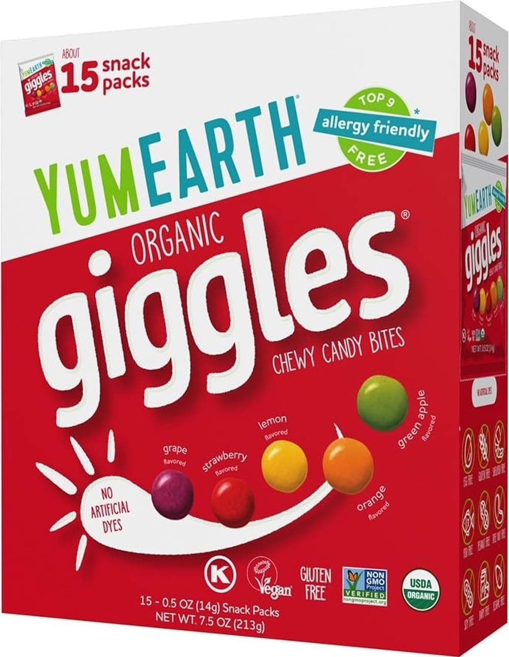 YumEarth Organic Giggles Chewy Candy, 0.5oz Snack Packs (Box of 15) | Individually Wrapped, Allergy Friendly, Gluten Free, Non-GMO, Vegan, Dye Free, Assorted Flavors