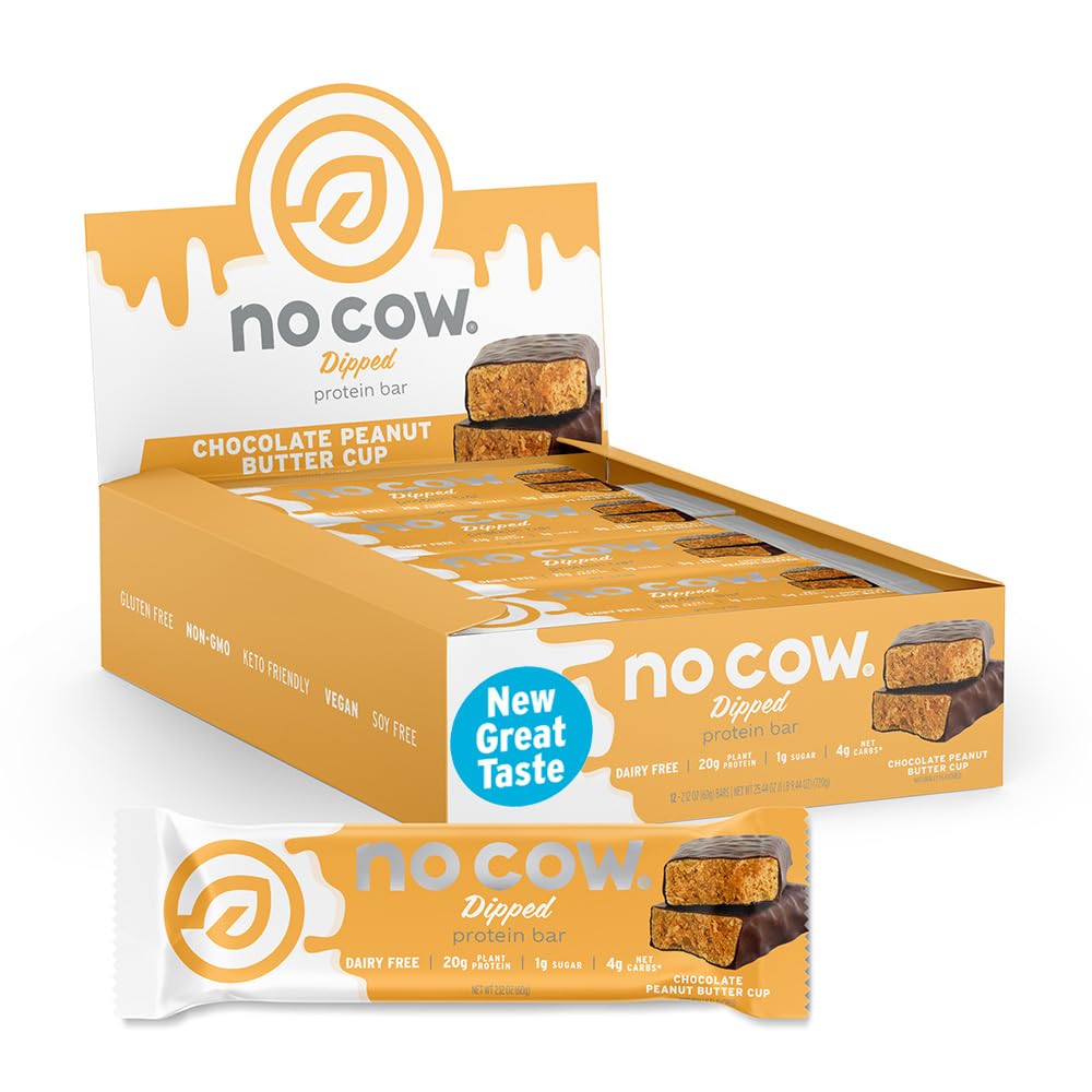 No Cow Chocolate Peanut Butter Cup Vegan Protein Bars, 12 Pack | 20g High Plant-Based Protein, High Fiber, Low Sugar, Gluten-Free, Dairy-Free, Soy-Free, Keto-Friendly Snack Bars