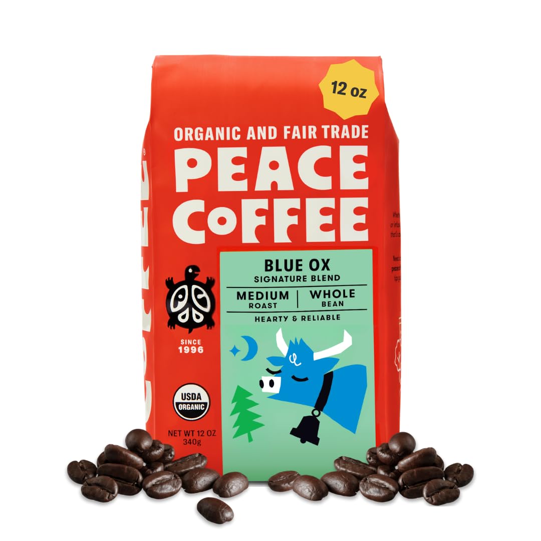 Peace Coffee Blue Ox Blend Medium Roast Whole Bean Coffee, 12 oz | Organic Fair Trade, Creamy, Mild Flavor, Shade Grown, Fresh Roasted
