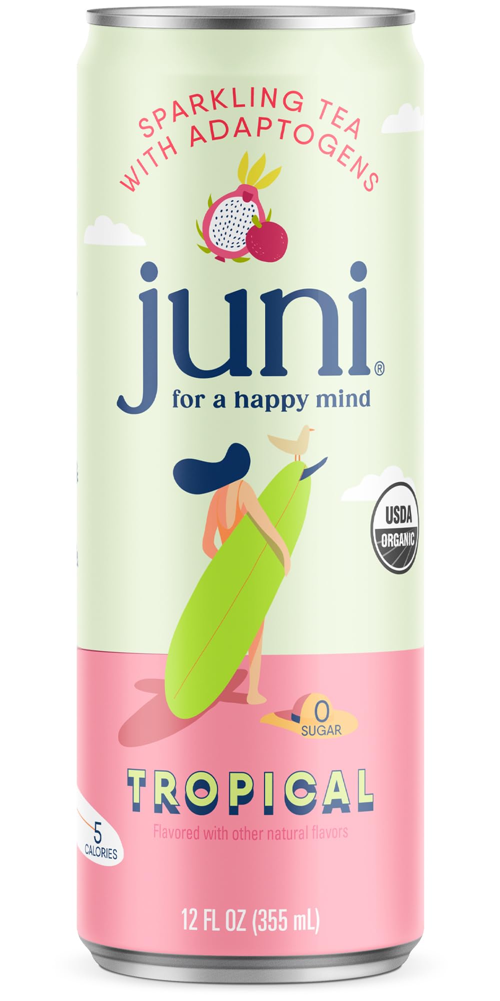 Juni Sparkling Adaptogen Drink, Tropical, Mood & Focus, 12 Fl Oz | Zero Sugar, Ashwagandha, Lion’s Mane & Reishi Mushrooms, 5 Calories, Organic