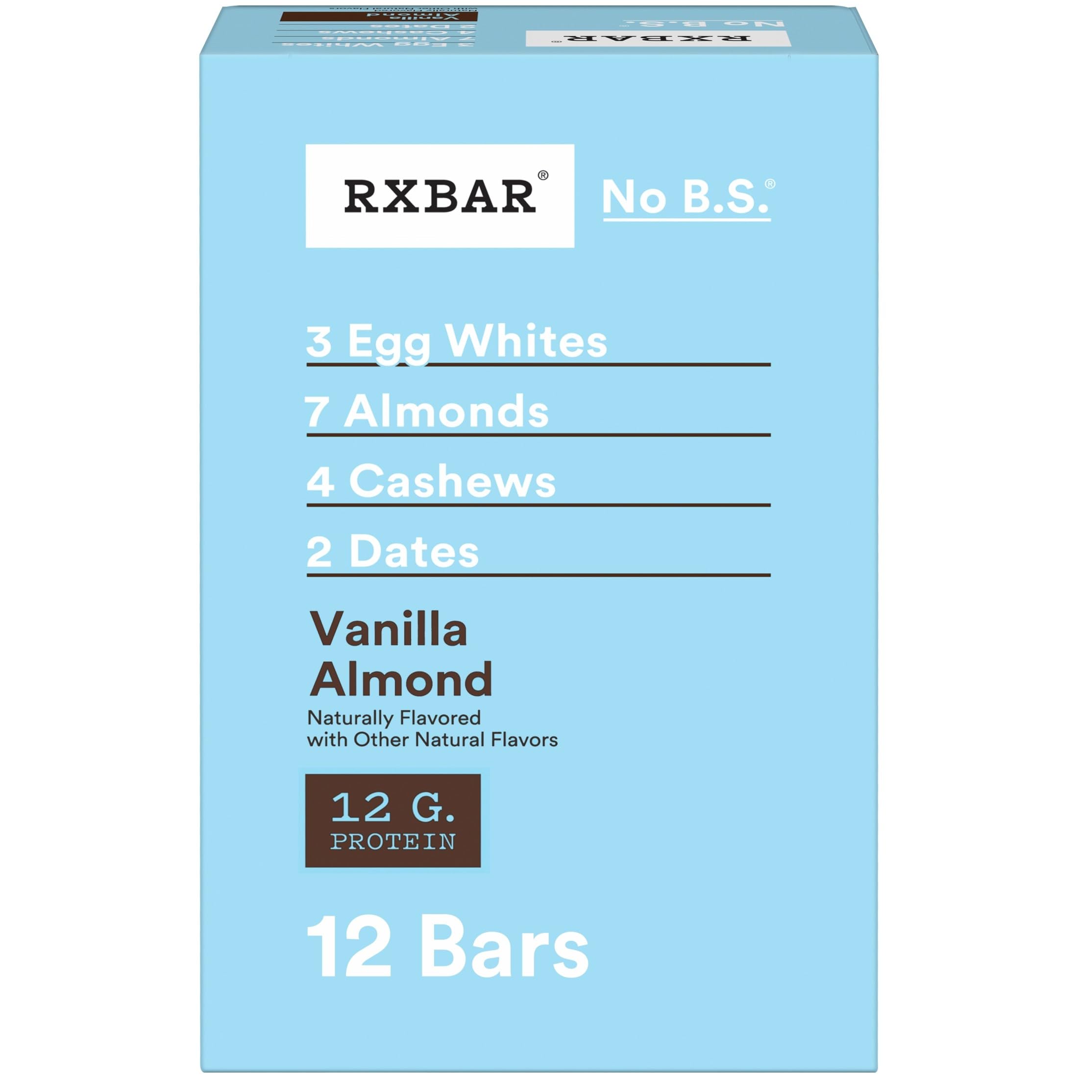 RXBAR Protein Bars, 12g Protein, Gluten Free Snacks, Vanilla Almond, 22oz Box (12 Bars)