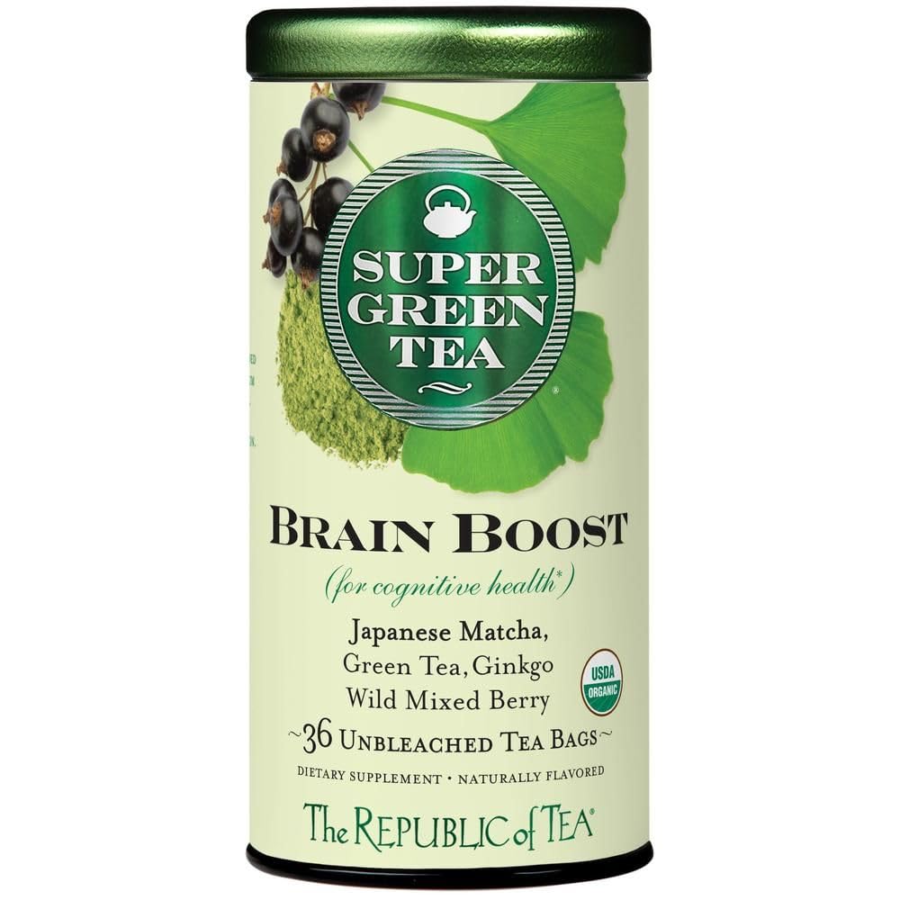 The Republic of Tea SuperGreen Organic Brain Boost Green Tea, 36 Count | Naturally Caffeinated. Made for morning or afternoon sipping. Fresh with light vegetal notes. USDA Organic and Gluten Free.