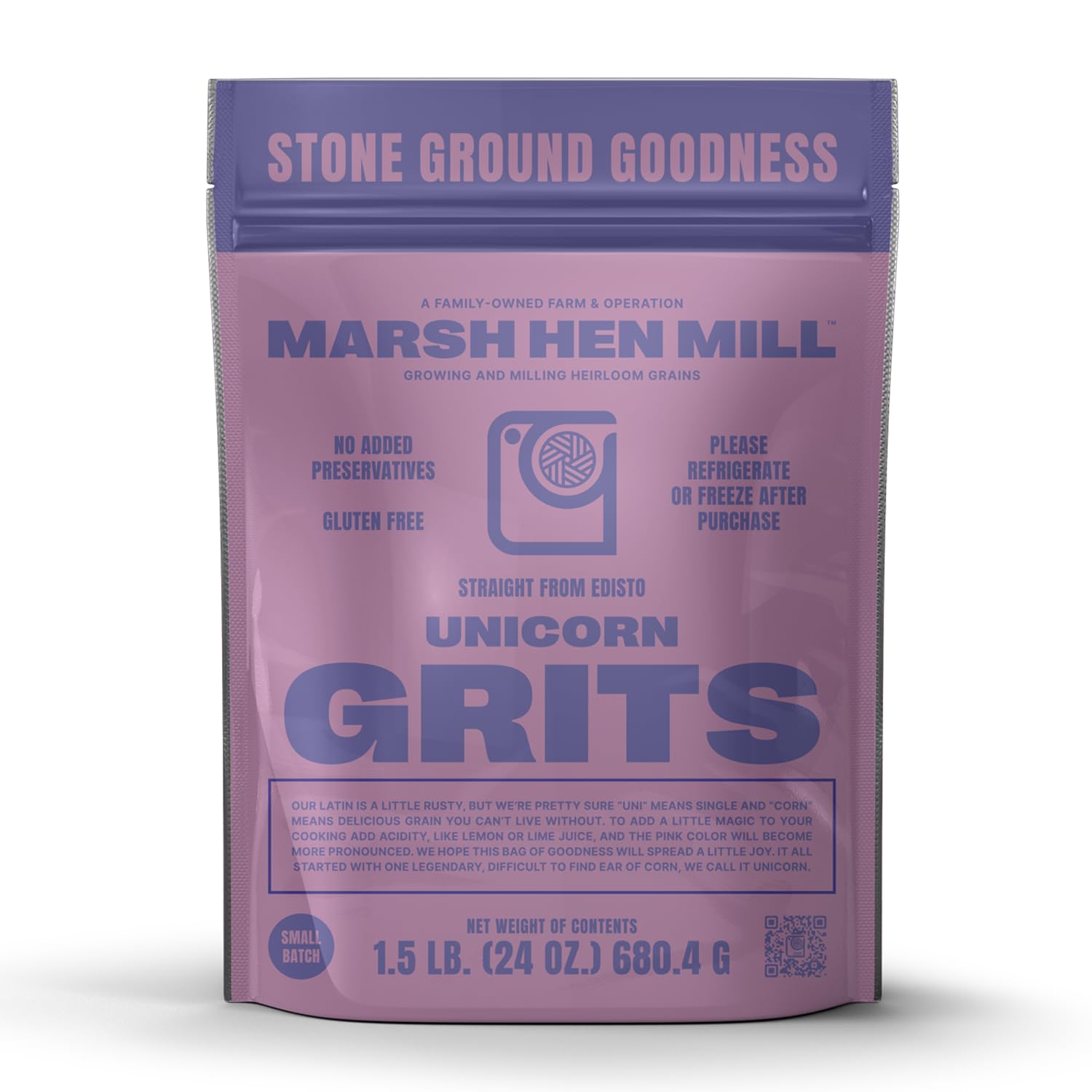 Marsh Hen Mill Unicorn Grits – Stone Ground Heirloom Blend of Pink Corn | Old-Fashioned Corn Grits | Gluten-Free & No Additives | Pure All-Natural Corn | 24 oz (Pack of 1)
