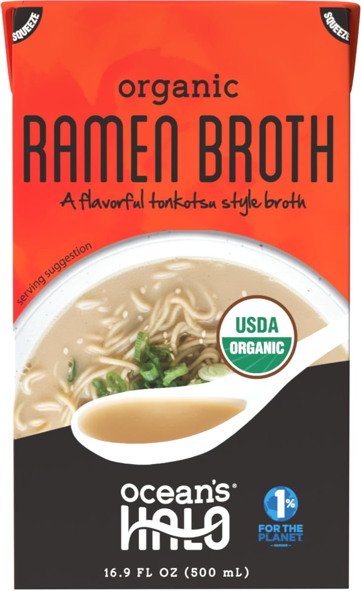 Ocean's Halo Organic Ramen Broth, Vegan Soup Base, 16.9 fl oz | Savory plant-based base made with organic ingredients and ocean-farmed kelp. Perfect for quick noodle soups and easy meals.