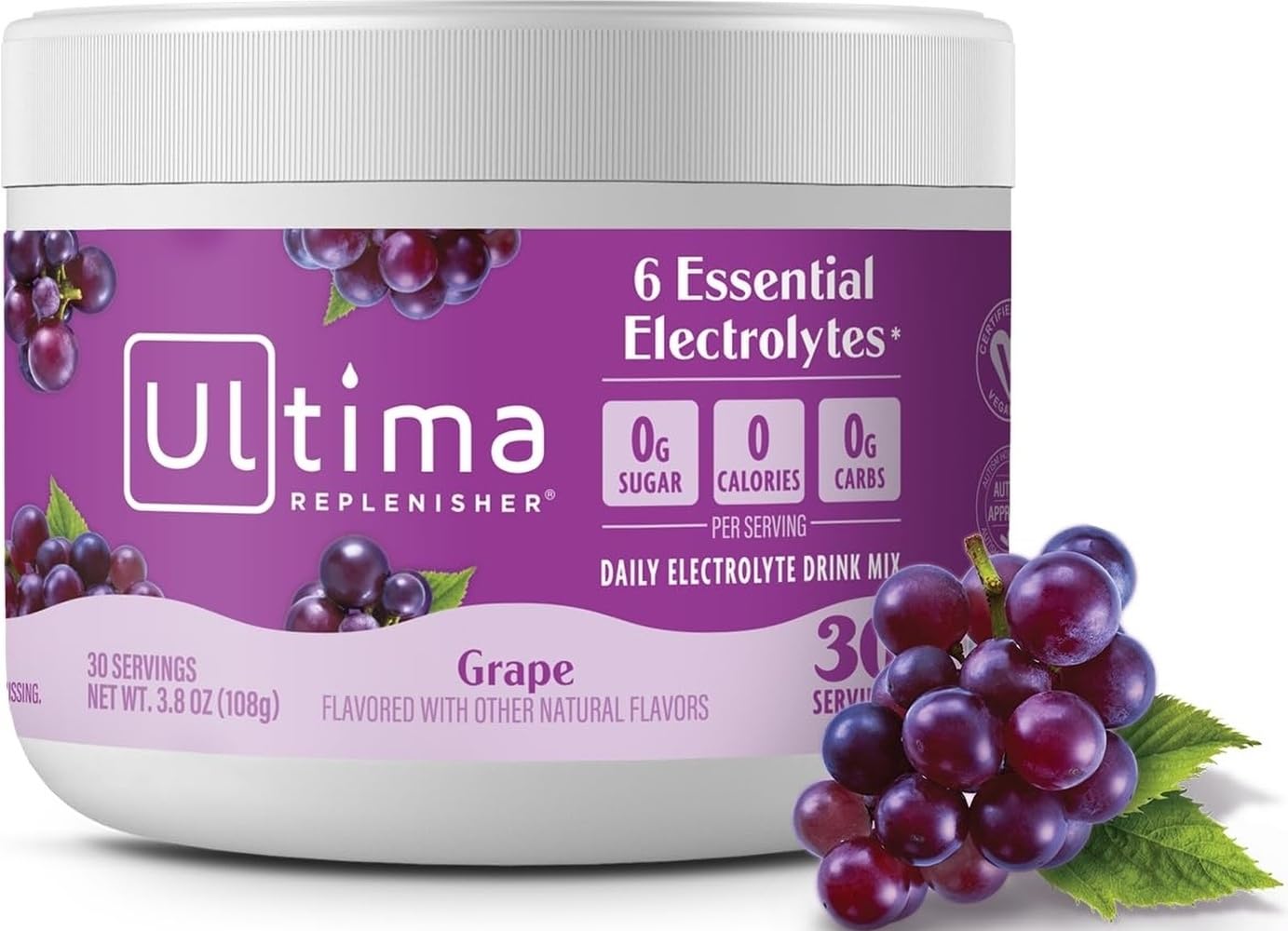 Ultima Replenisher Grape Electrolytes Powder, 30-Serving Canister | Daily Zero Sugar Hydration Powder with 6 Key Electrolytes & Minerals - Sugar Free, Plant Based & Keto Friendly