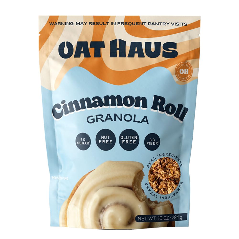 Oat Haus Cinnamon Roll Granola (10 oz Bag) – Low Sugar (7g), 3g Fiber, Gluten Free, Vegan, Nut-Free – Cinnamon Swirl Crunch, Resealable Pouch