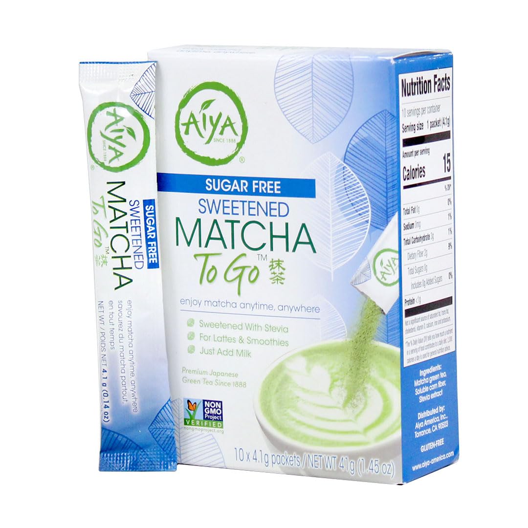 Aiya Sugar-Free Sweetened Matcha To Go Sticks - Stevia Sweetened Packets, Premium Japanese Matcha Powder, Gluten-Free - 10 Single-Serving Sticks