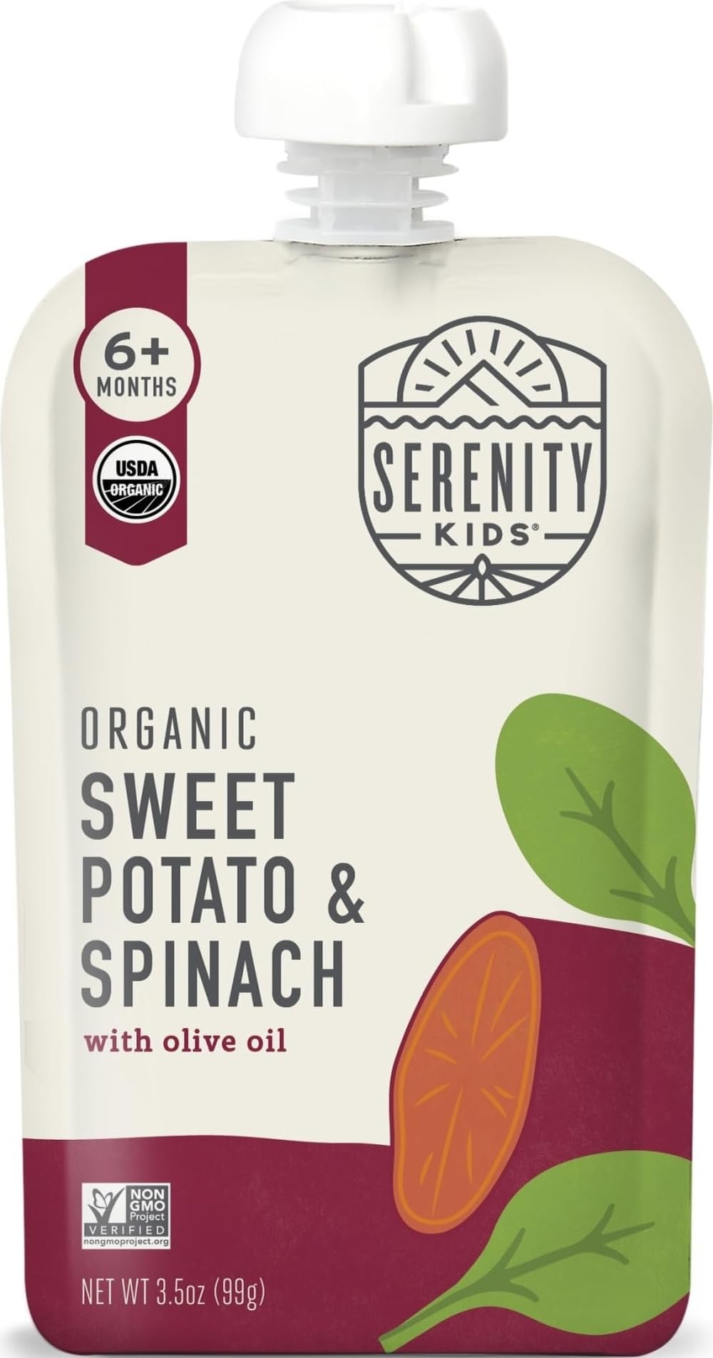 Serenity Kids Organic Baby Food Pouches, Sweet Potato & Spinach, 3.5 Oz | No Added Sugar, Organic Veggie Snack, Baby Puree for Toddlers, No Artificial Flavors, GMO Free, Food Pouch, Baby Snacks