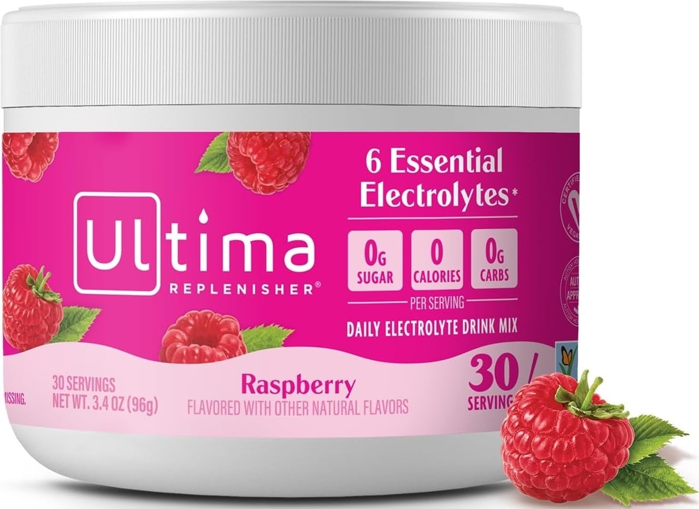 Ultima Replenisher Raspberry Electrolytes Powder, 30-Serving Canister | Daily Zero Sugar Hydration Powder with 6 Key Electrolytes & Minerals - Sugar Free, Plant Based & Keto Friendly