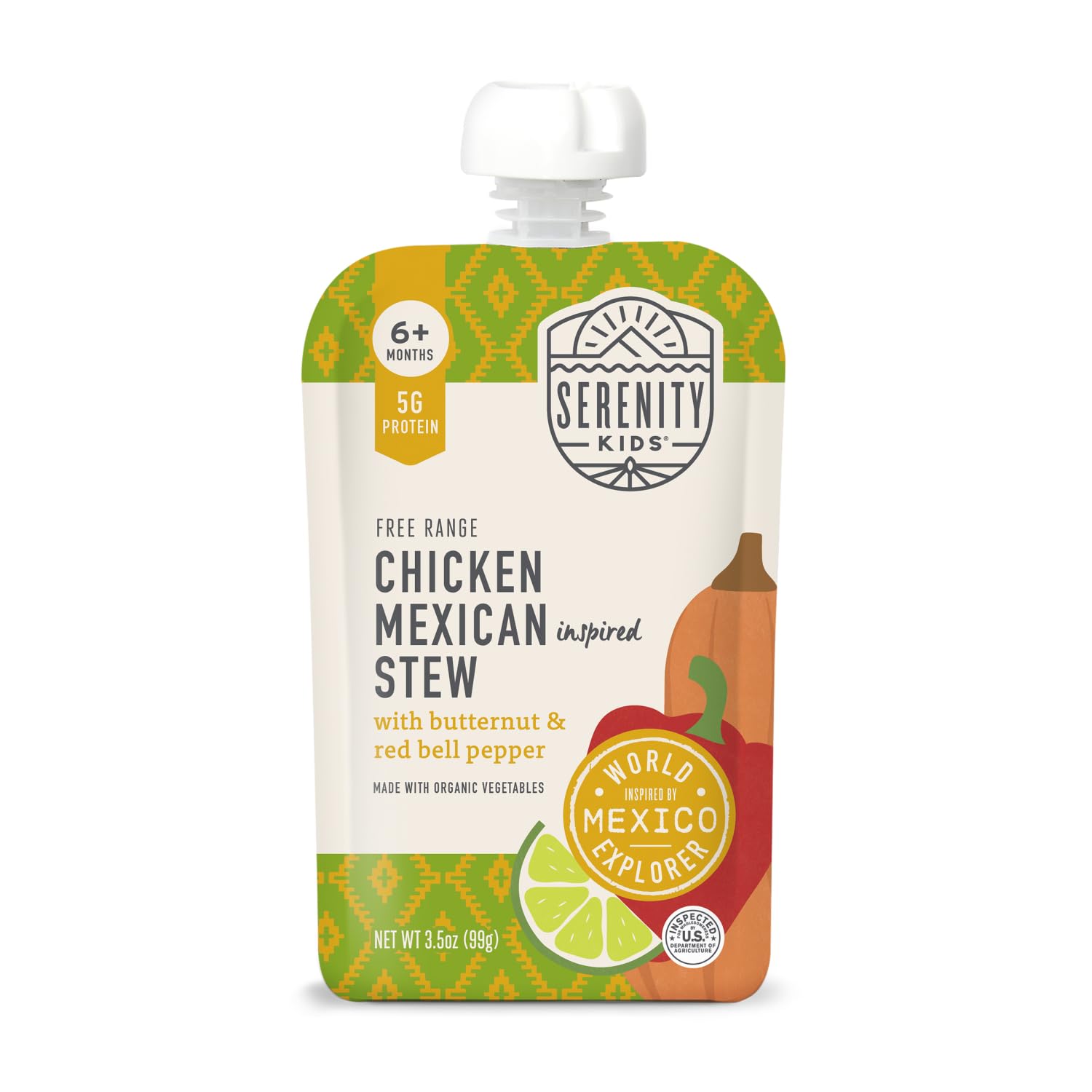 Serenity Kids 6+ Months World Explorers Baby Food Pouches Puree Made With Ethically Sourced Meats & Organic Veggies | 3.5 Ounce BPA-Free Pouch | Chicken Mexican Stew | 1 Count