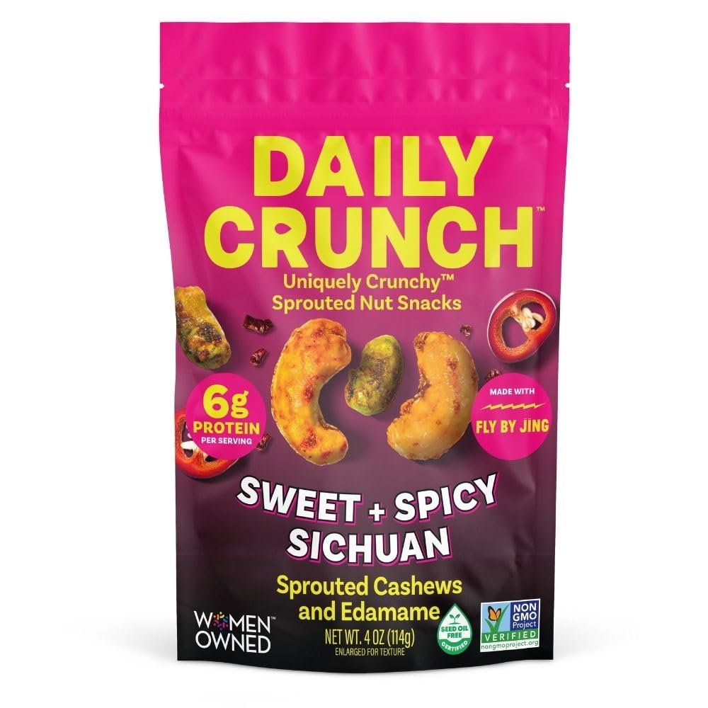 Daily Crunch Sprouted Cashews & Edamame, Sweet & Spicy Sichuan, 4oz | Uniquely Crunchy. Non-GMO, Seed Oil & Dairy Free. 6g Plant Protein, 2g Fiber.