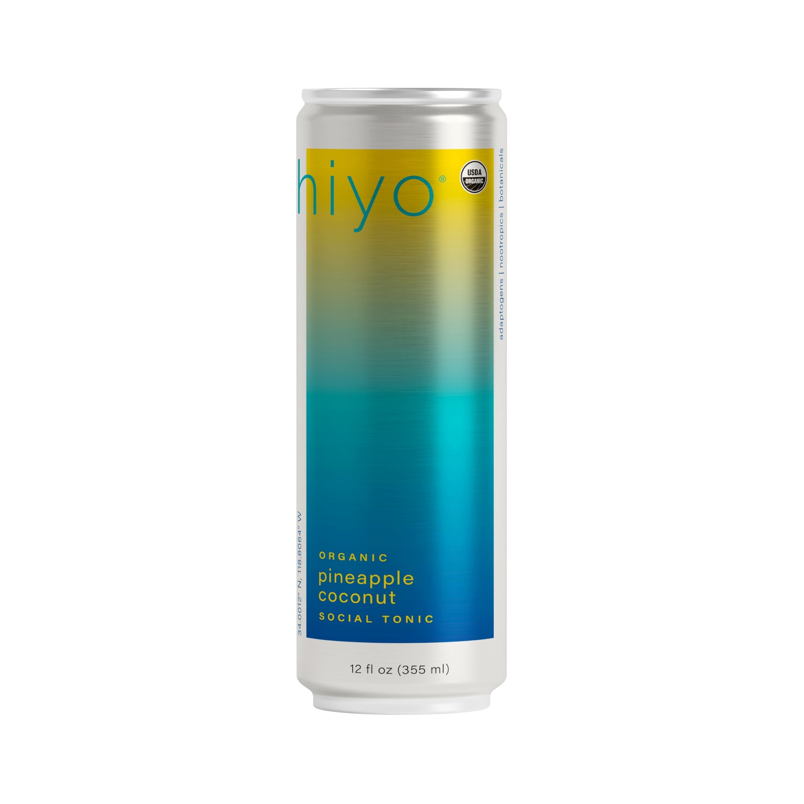 Hiyo Non-Alc Functional Seltzer, Adaptogens & Nootropics, 12 fl oz, 1pk | Pineapple Coconut, Organic Social Tonic, Non-Alcoholic Beverage, Functional Drink, 30 Cals, Gluten Free, Vegan, Non-GMO