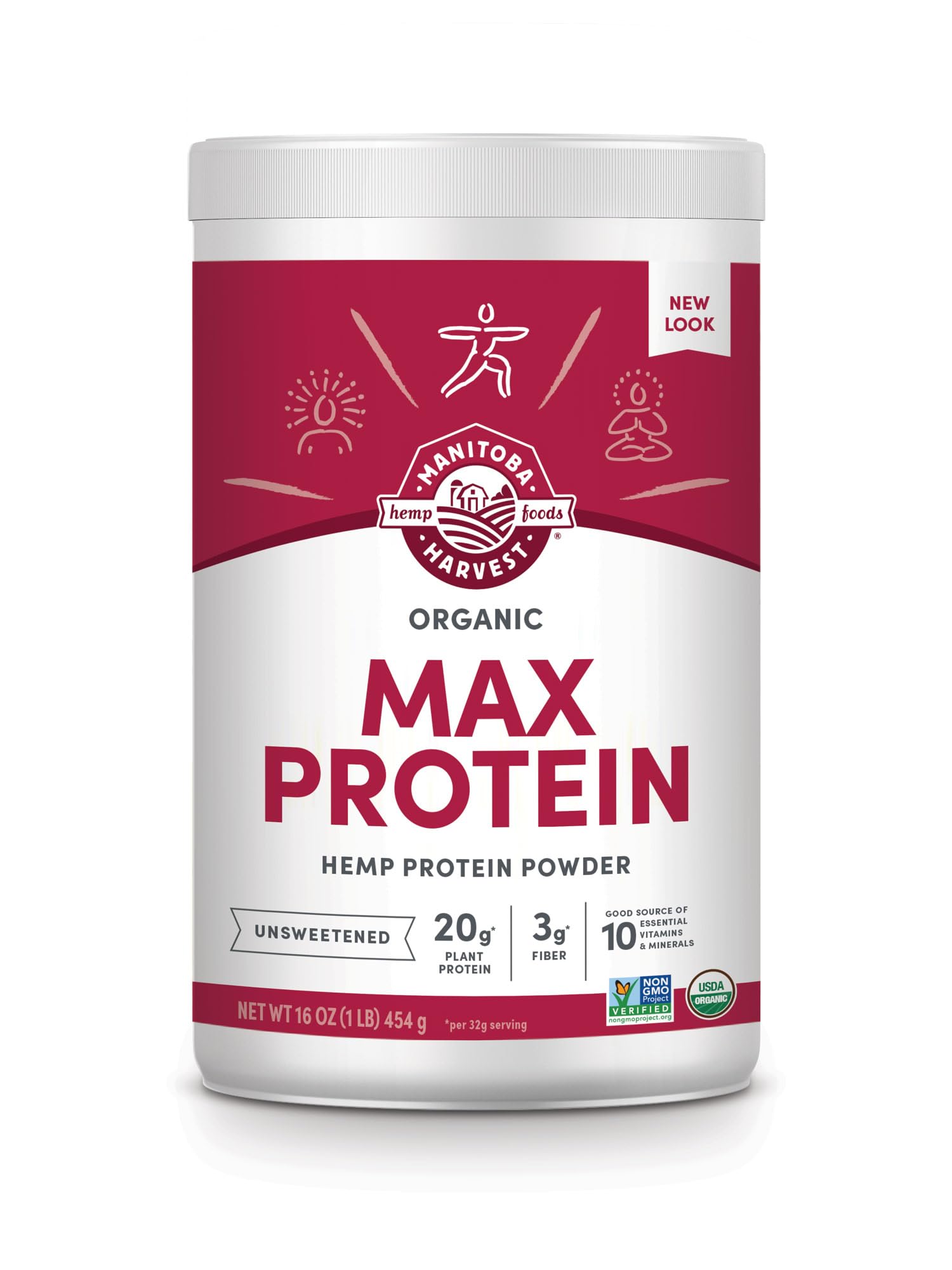 Manitoba Harvest Organic Max Protein Powder, Unsweetened, 16 oz | 20 g Protein and 4.5 g Omegas 3 and 6 per 32 g Serving, Keto-Friendly, Preservative-Free, Non-GMO, Packaging May Vary