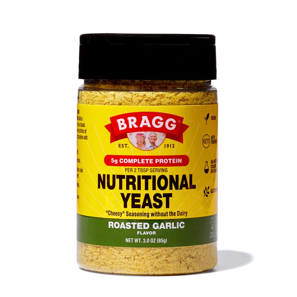 Bragg Roasted Garlic Nutritional Yeast Seasoning 3 oz - Vegan Dairy-Free | Kosher, non-GMO, savory umami flavor, good source of protein & B12, great on popcorn, pasta & veggies