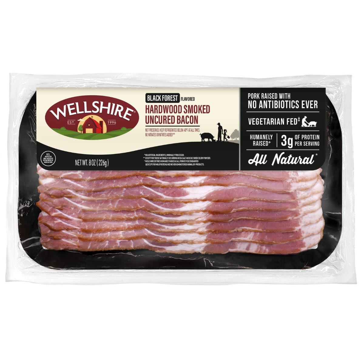 Wellshire Farms Black Forest Hardwood Smoked Uncured Bacon 12 oz | No Nitrates or Nitrites Added | Thick Cut Natural Pork Bacon