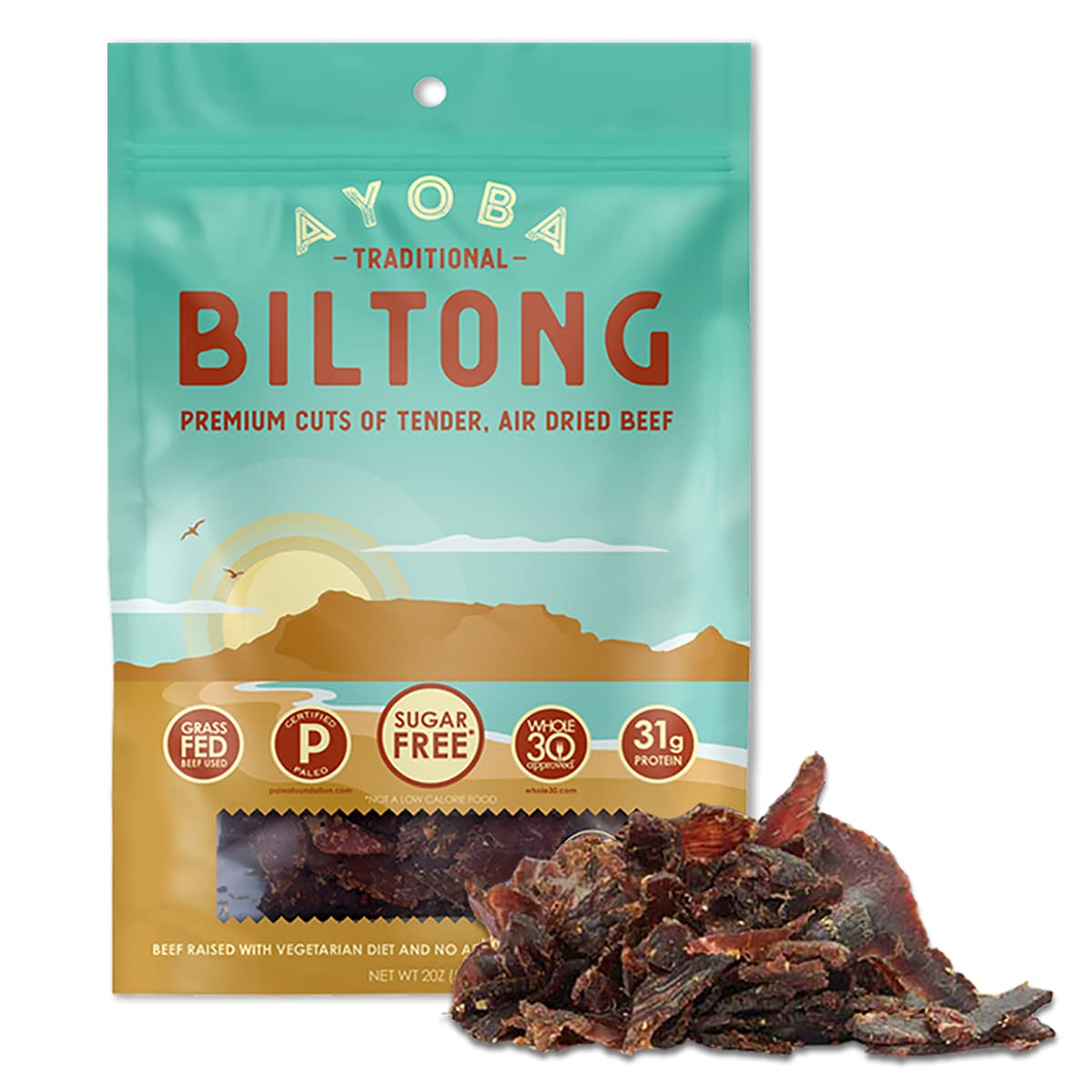 Ayoba Traditional Grass Fed Beef Biltong, Keto High Protein, 2oz, Pack of 1 | Air-Dried Sliced Beef from 100% Grass Fed Beef. Authentic South African Snack. Keto & Paleo, Gluten Free, Whole30, No Carb.