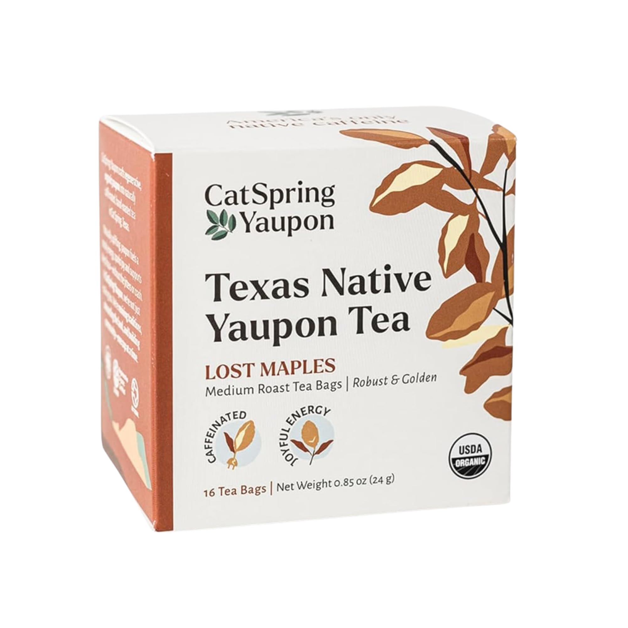 CatSpring Yaupon Lost Maples Medium Roast Yaupon Tea, 16 Teabags, Naturally Caffeinated, Sustainable and Wild-Harvested, Bold and Smooth, Non-Bitter, Antioxidant Rich with Caramel Notes, Made in USA
