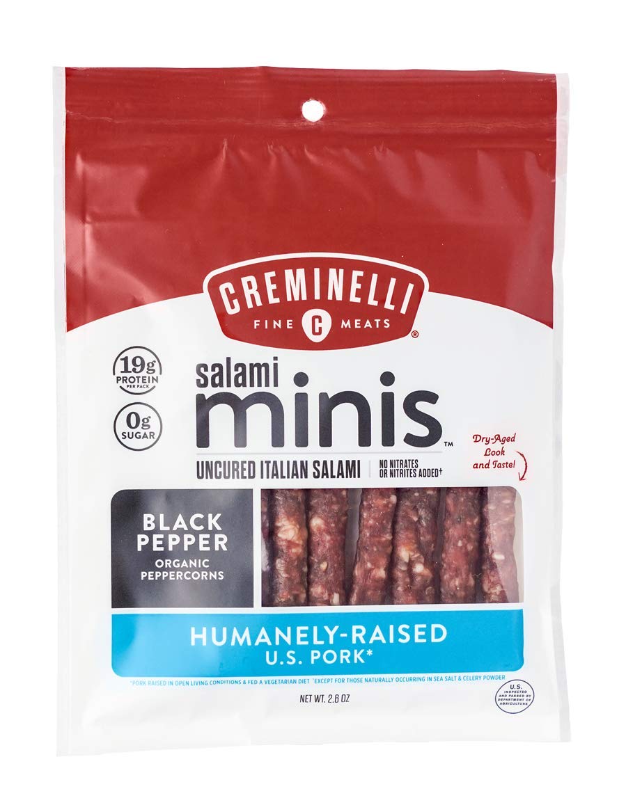 Creminelli Black Pepper Salami Mini Snacks, Humanely-Raised U.S. Pork, Keto & Paleo Friendly, 19g of Protien - Sugar Free, Gluten Free, No Added Nitrates or Nitrites (Black Pepper, 2.6oz Singles)