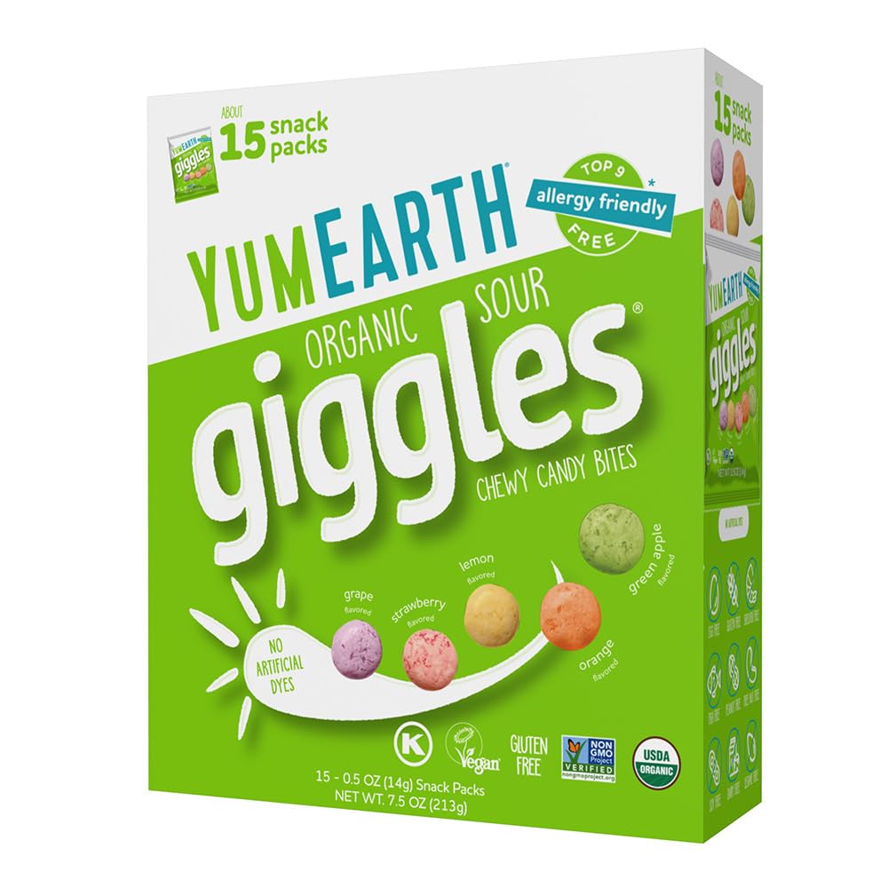 YumEarth Organic Sour Giggles Chewy Candy, 0.5oz Snack Packs (Box of 15) | Sour Fruit Flavored, Individually Wrapped, Allergy Friendly, Gluten Free, Non-GMO, Vegan, Dye Free