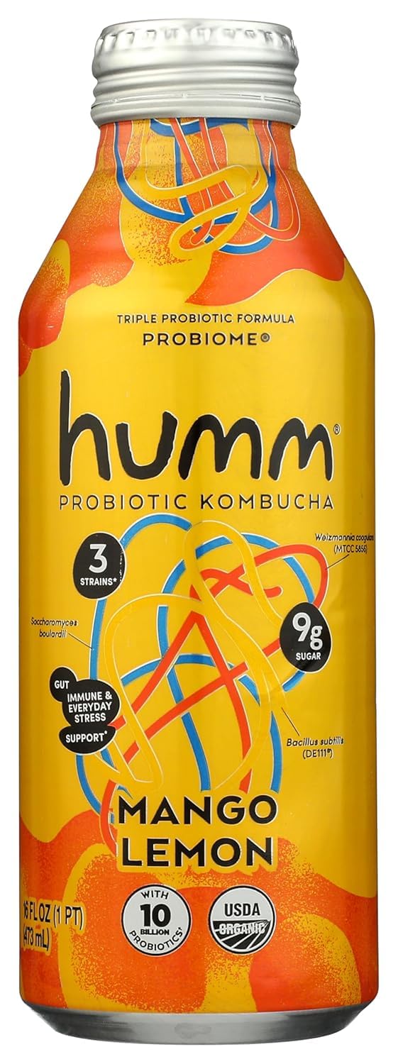 HUMM KOMBUCHA Organic Mango Lemon Probiome Kombucha, 16 FZ