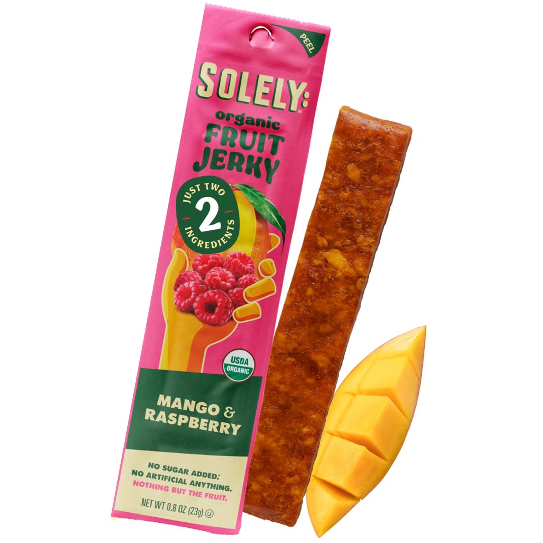 SOLELY - Organic Mango Raspberry Fruit Jerky - 1 Individually Wrapped Fruit Strip - Fruit Leather - Healthy Snacks for Adults & Kids - Non GMO, Vegan Snacks - 0.8oz (23g)