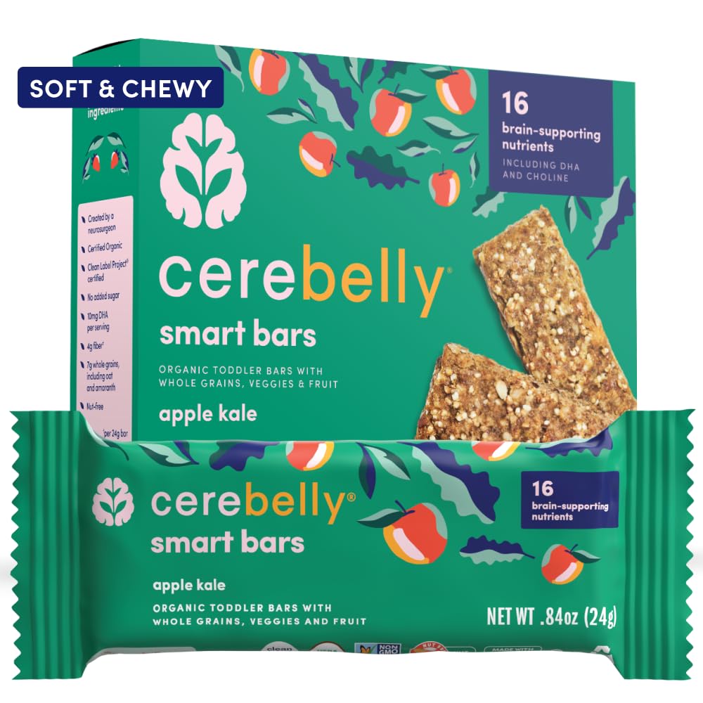 Cerebelly Organic Toddler Snack Bars, Apple Kale Smart Bars, 16 Brain-Supporting Nutrients, No Added Sugar, Gluten Free, Nut Free, Kids Snacks, 5 Pack