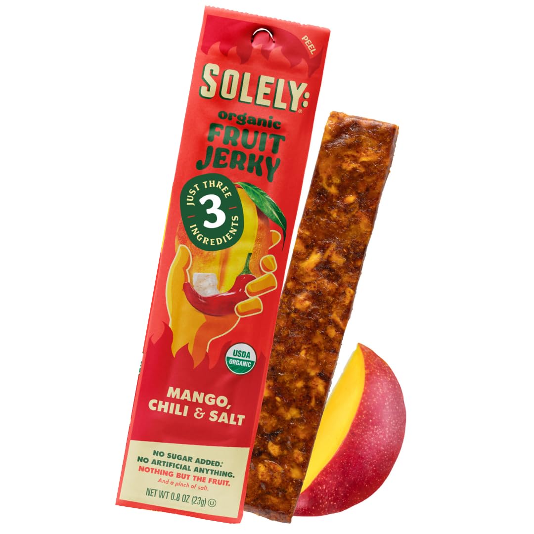 SOLELY - Organic Spicy Mango Chili and Salt Fruit Jerky - 1 Individually Wrapped Fruit Strip - Fruit Leather Made from Dried Fruit - Healthy Snacks for Adults & Kids - Vegan, Non GMO - 0.8oz (23g)