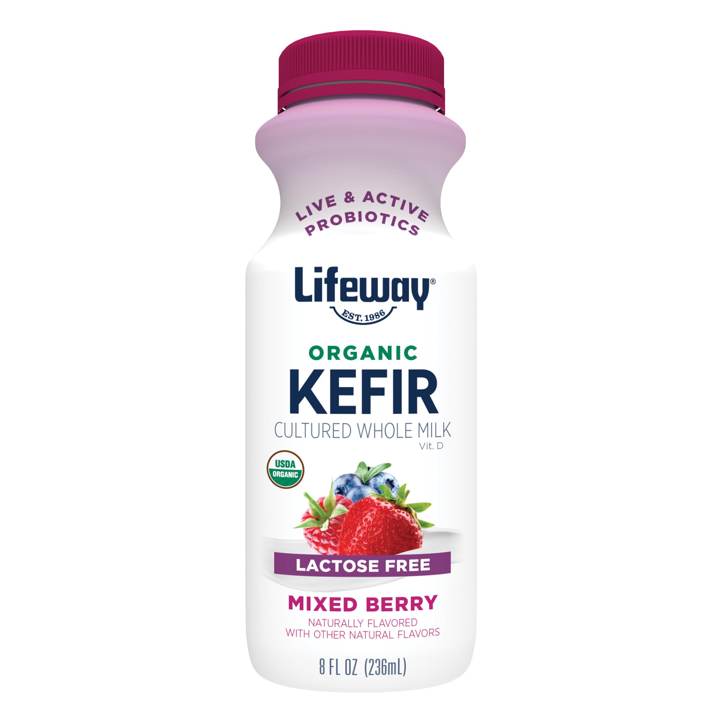 Lifeway Organic Whole Milk Kefir, Mixed Berry, 8 Fl Oz, 10g Protein, 12 Live Active Cultures