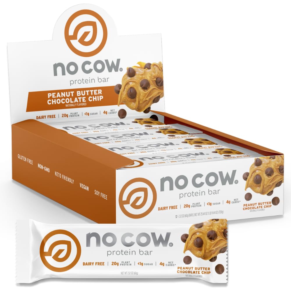 No Cow Peanut Butter Chocolate Chip Vegan Protein Bars, 12 Pack | 20g High Plant-Based Protein, High Fiber, Low Sugar, Gluten-Free, Dairy-Free, Soy-Free, Keto-Friendly Snack Bars