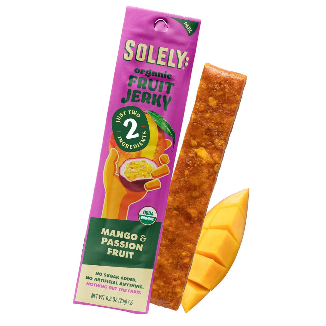 SOLELY - Organic Mango Passion Fruit Jerky - 1 Individually Wrapped Strip - Fruit Leather Made from Dried Fruit - Healthy Snacks for Adults & Kids - Non GMO, Vegan Snacks - 0.8oz (23g)