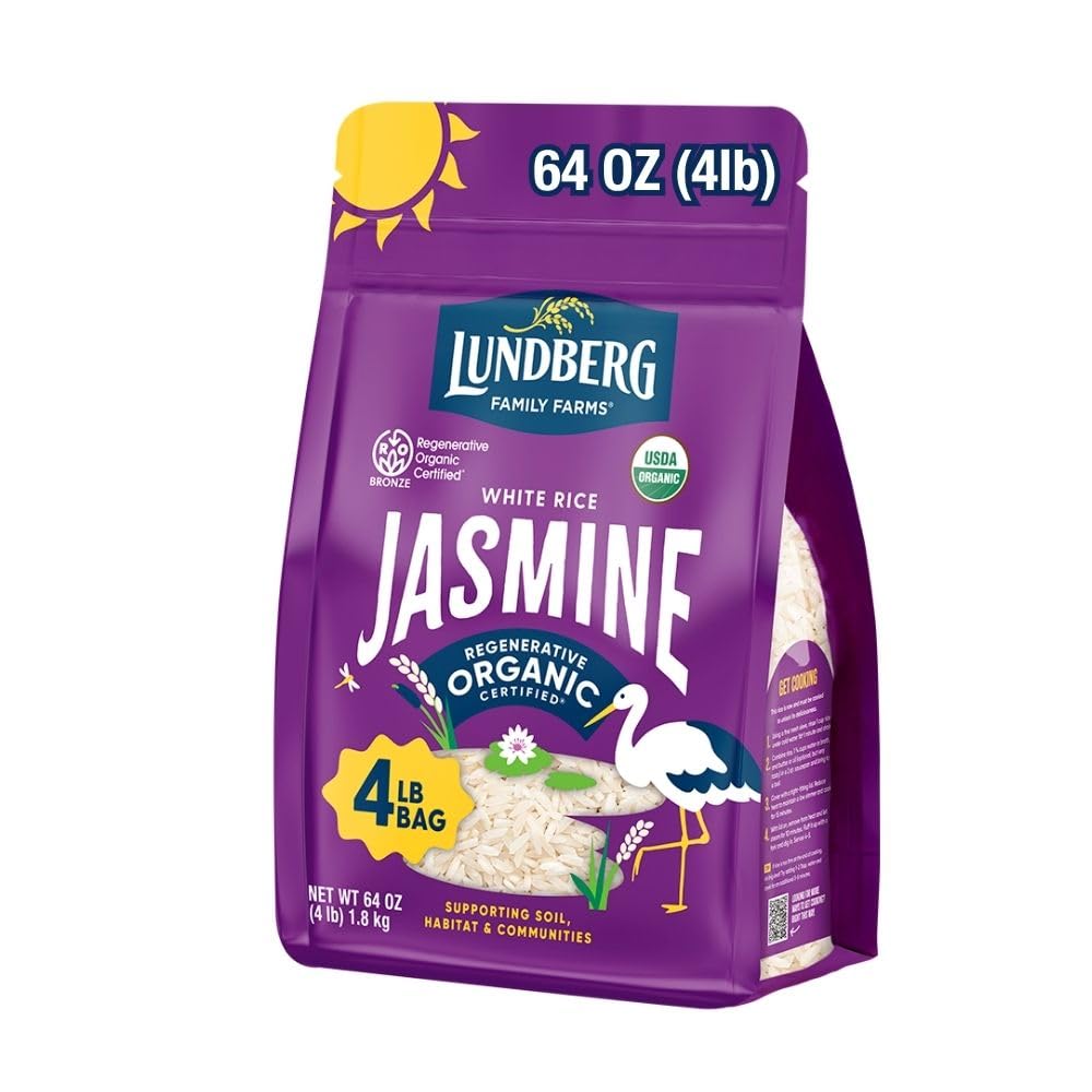 Lundberg Jasmine Rice, Regenerative Organic Certified – Non-Sticky, Aromatic Long-Grain White Rice, Responsibly Grown in California, 64 Oz