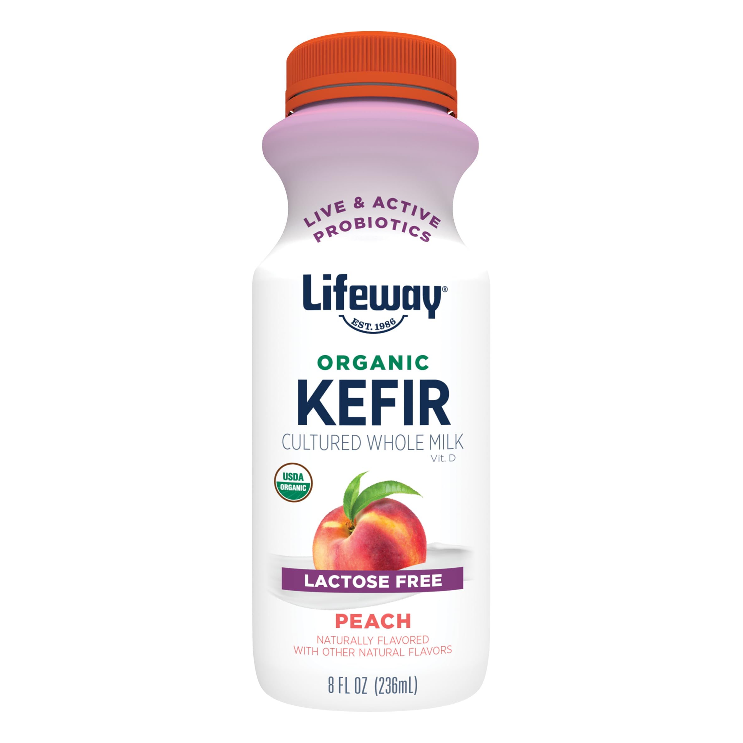 Lifeway Organic Whole Milk Kefir, Peach, 8 Fl Oz, 10g Protein, 12 Live Active Cultures