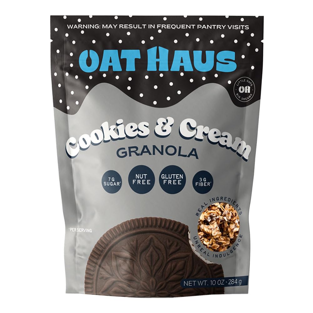 Oat Haus Cookies & Cream Granola (10 oz Bag) – Low Sugar (7g), 3g Fiber, Gluten Free, Vegan, Nut-Free – Cocoa and White Chocolate Crunch, Resealable Pouch