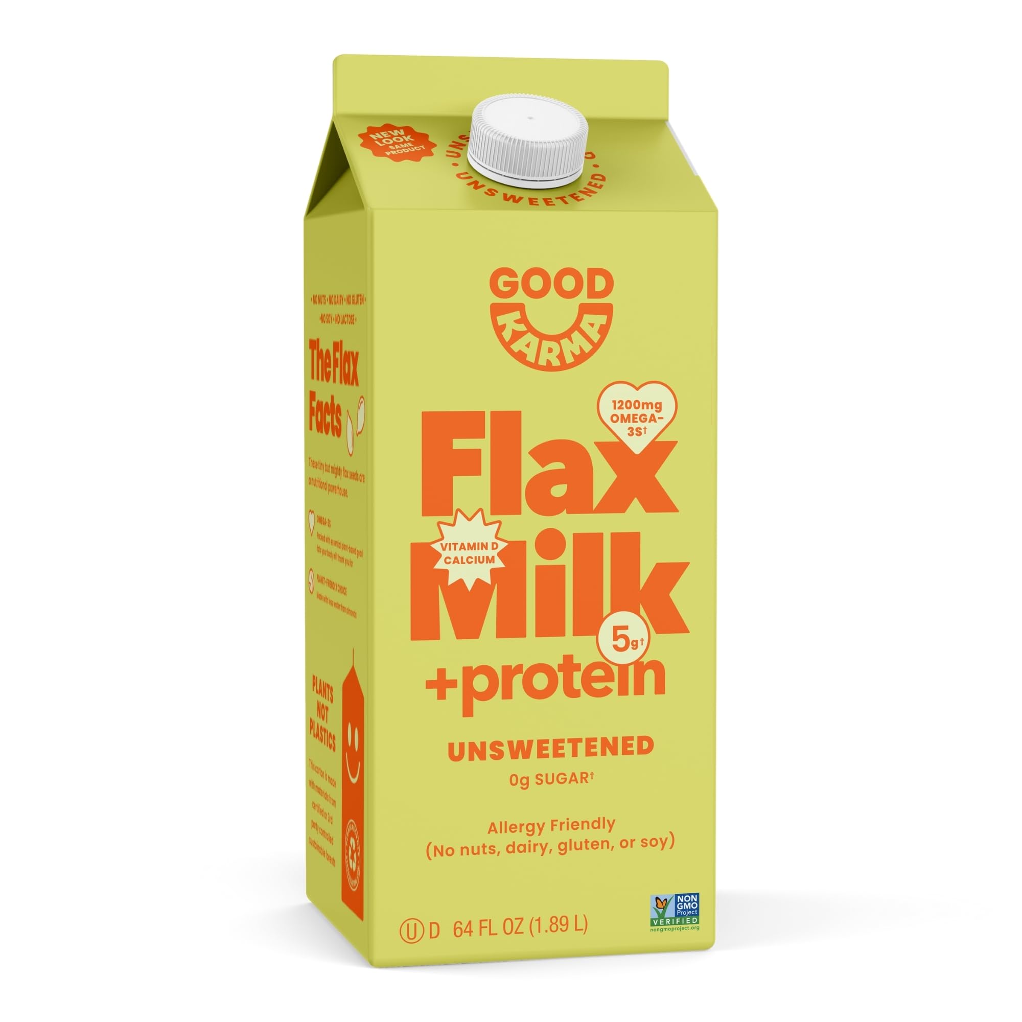 Good Karma Unsweetened Flaxmilk+Protein, 64 Fl Oz Carton | 5g Plant-Based Protein + 1200mg Omega-3 Per Serving, Non-Dairy Milk Alternative, Lactose Free, Nut Free, Vegan, Refrigerated