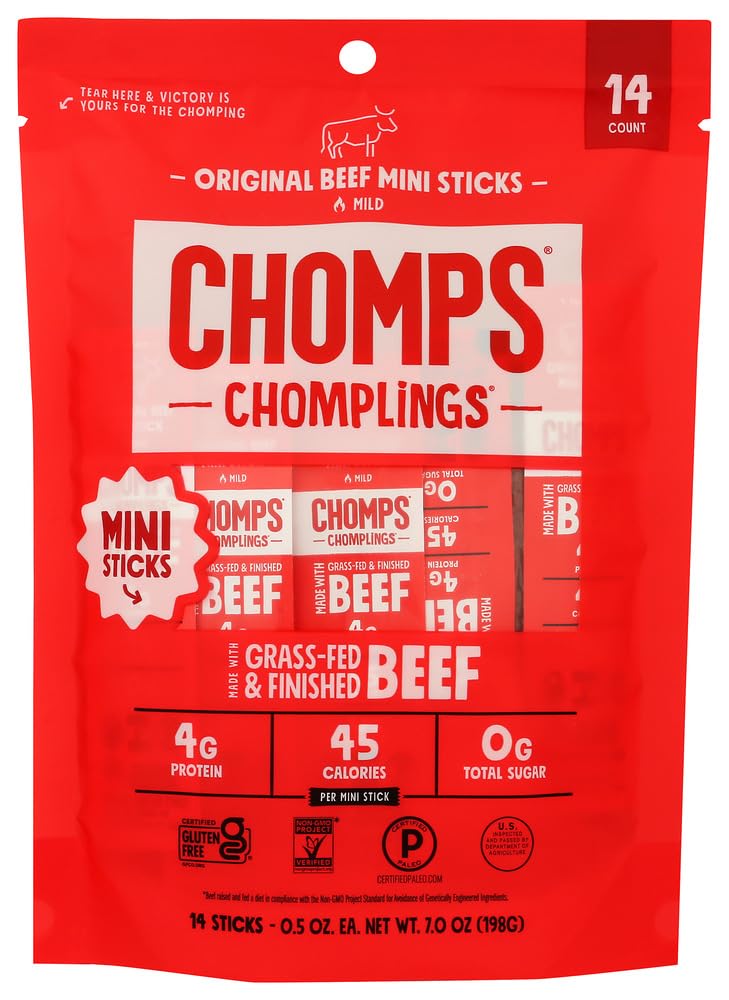Chomps Original Beef Chomplings, Grass-Fed & Finished, 14ct, Protein Snack | Beef Jerky Sticks, Original Grass-Fed And Finished Beef Sticks With Zero Sugar, Certified Gluten Free, Keto Friendly, Whole30