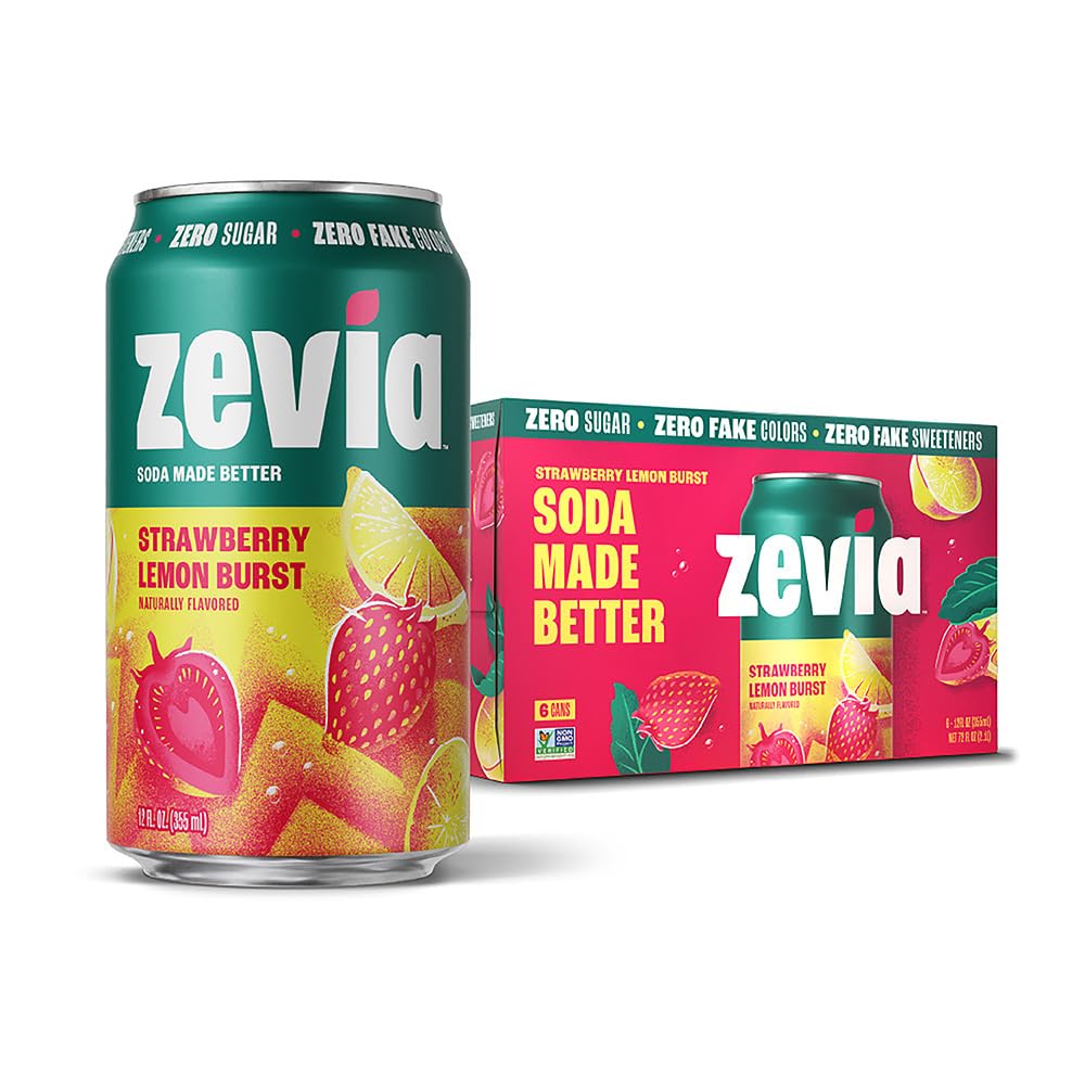 Zevia Zero Sugar Soda, Strawberry Lemon Burst, 12 oz Cans (6-Pack) – Caffeine Free, Naturally Sweetened, No Calorie Soda - Non-GMO Project Verified, Gluten-Free, Vegan