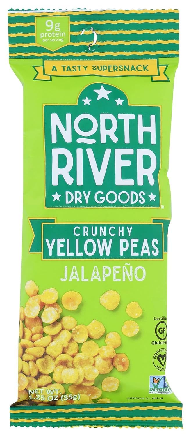 North River Dry Goods Crunchy Yellow Peas (Jalapeno), High Protein Snacks, Healthy Snacks for Adults and Kids, Gluten Free, High Fiber, School Travel Office Snacks, Non-GMO, Vegan, 1.25oz Pack