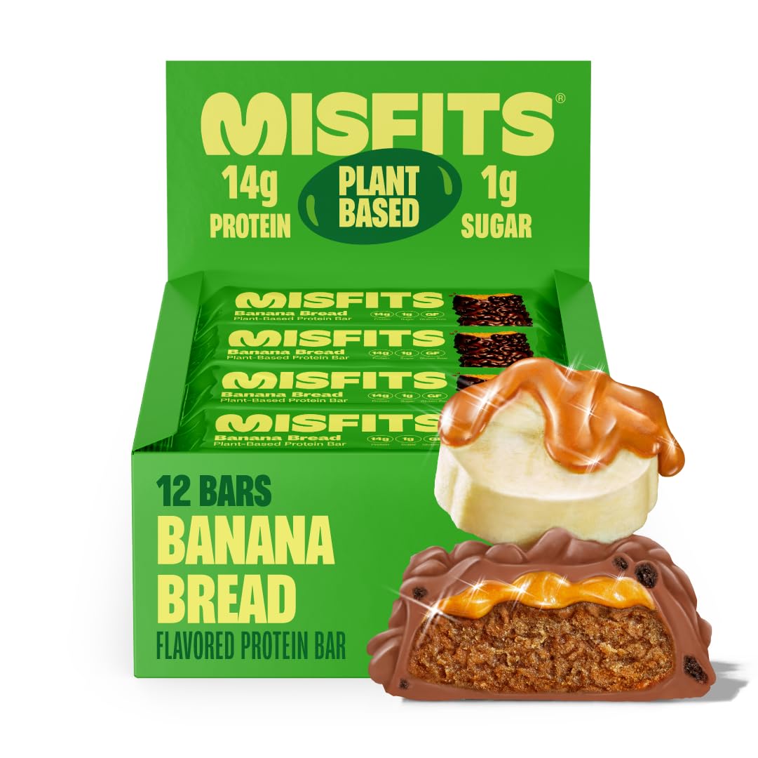 Misfits Vegan Protein Bars - Banana Bread | Nutrition Bars - 14g Protein, 1g Sugar, Plant-based, Low Carb, Non-GMO, Gluten Free Snacks | Pack of 12