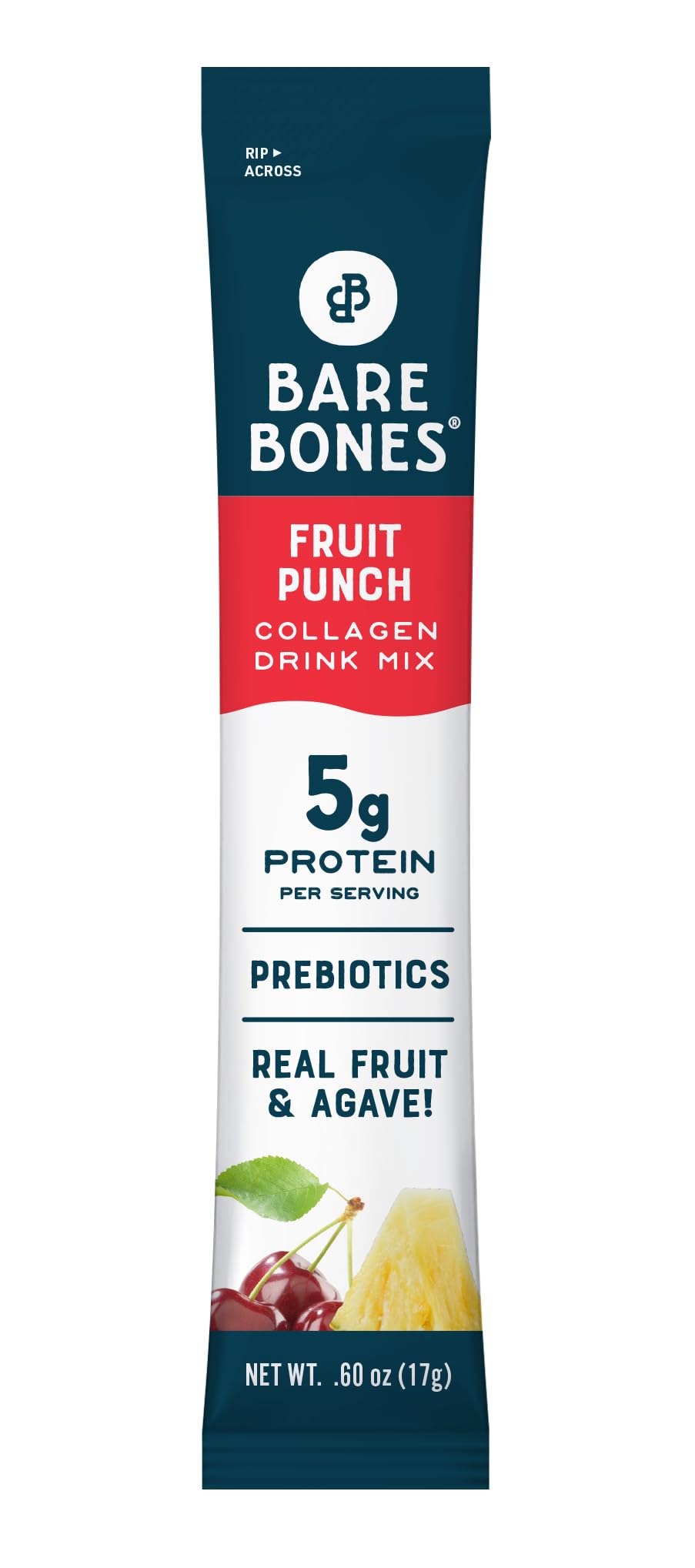 Bare Bones Fruit Punch Collagen Drink Mix SGL, 0.6 OZ | 5g Protein | Naturally Sweetened Refreshment | Light & Flavorful | Gluten-Free On-the-Go Stick Single-Serve