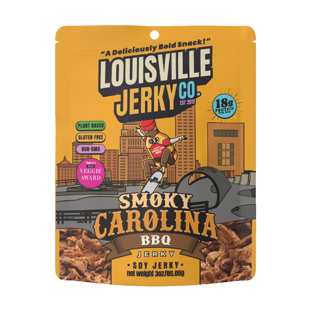 Louisville Jerky Co. Sweet & Smoky Carolina Mustard BBQ Vegan Jerky, Plant Based Protein Snack (3 Ounce, 1-Pack) – Smoky Southern BBQ Flavor, Gluten-Free, Vegetarian