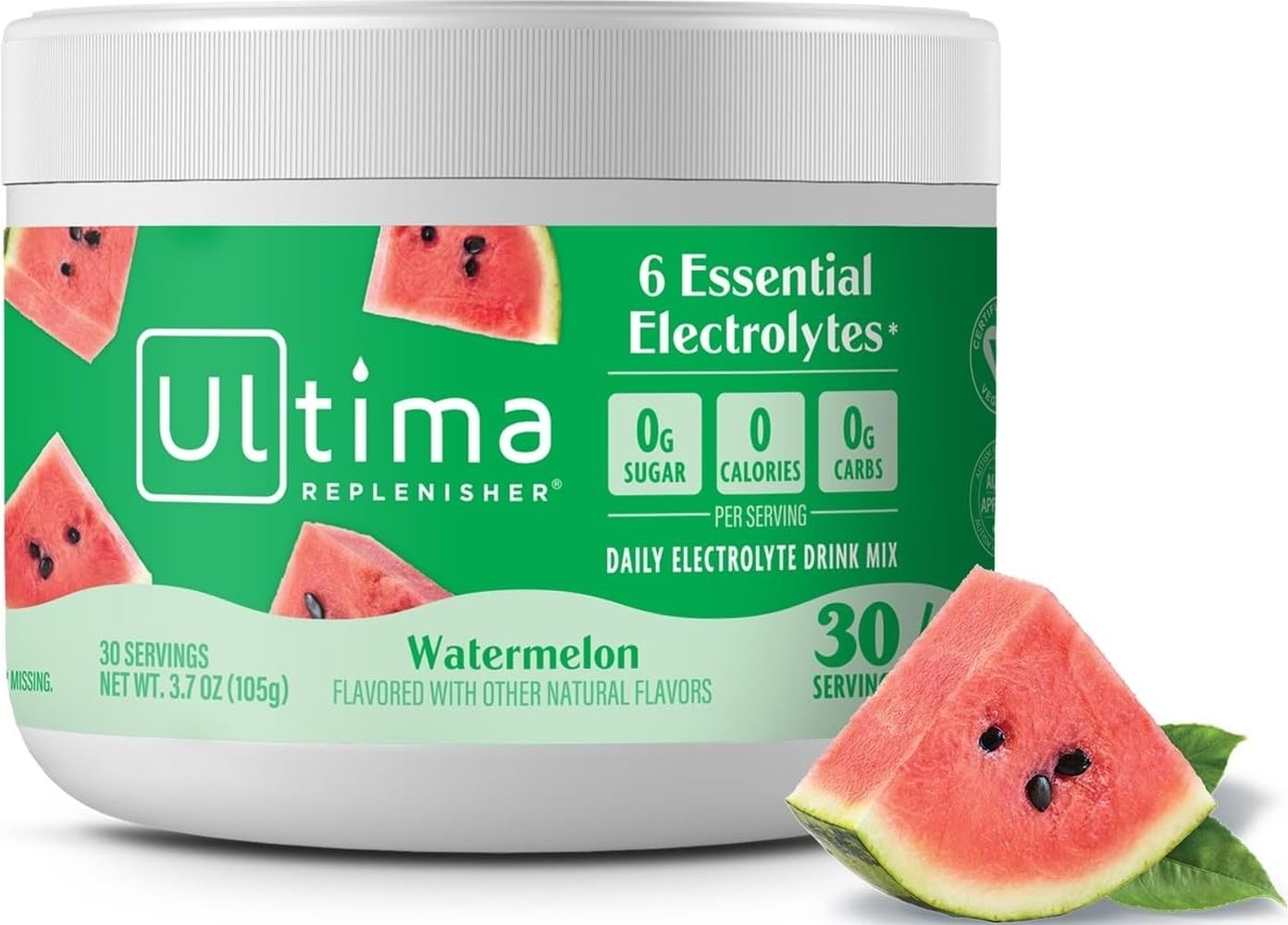 Ultima Replenisher Watermelon Electrolytes Powder, 30-Serving Canister | Daily Zero Sugar Hydration Powder with 6 Key Electrolytes & Minerals - Sugar Free, Plant Based & Keto Friendly