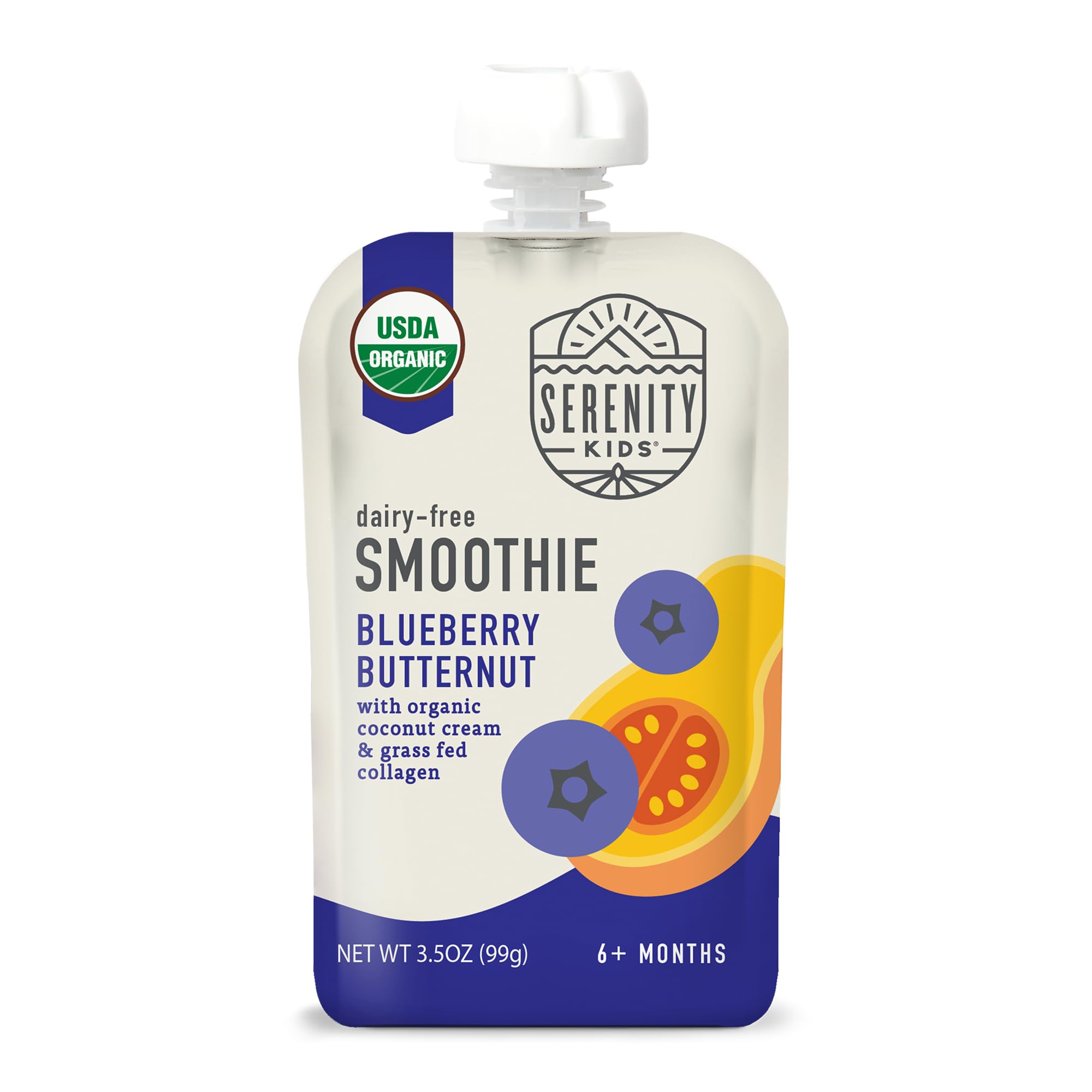 Serenity Kids Baby Food Smoothie Pouch, Collagen, Berry Butternut, 3.5 Oz | Dairy Free Organic Baby Food, Baby Puree, Toddler Snacks, Protein Smoothie Pouches, Organic Fiber Snacks