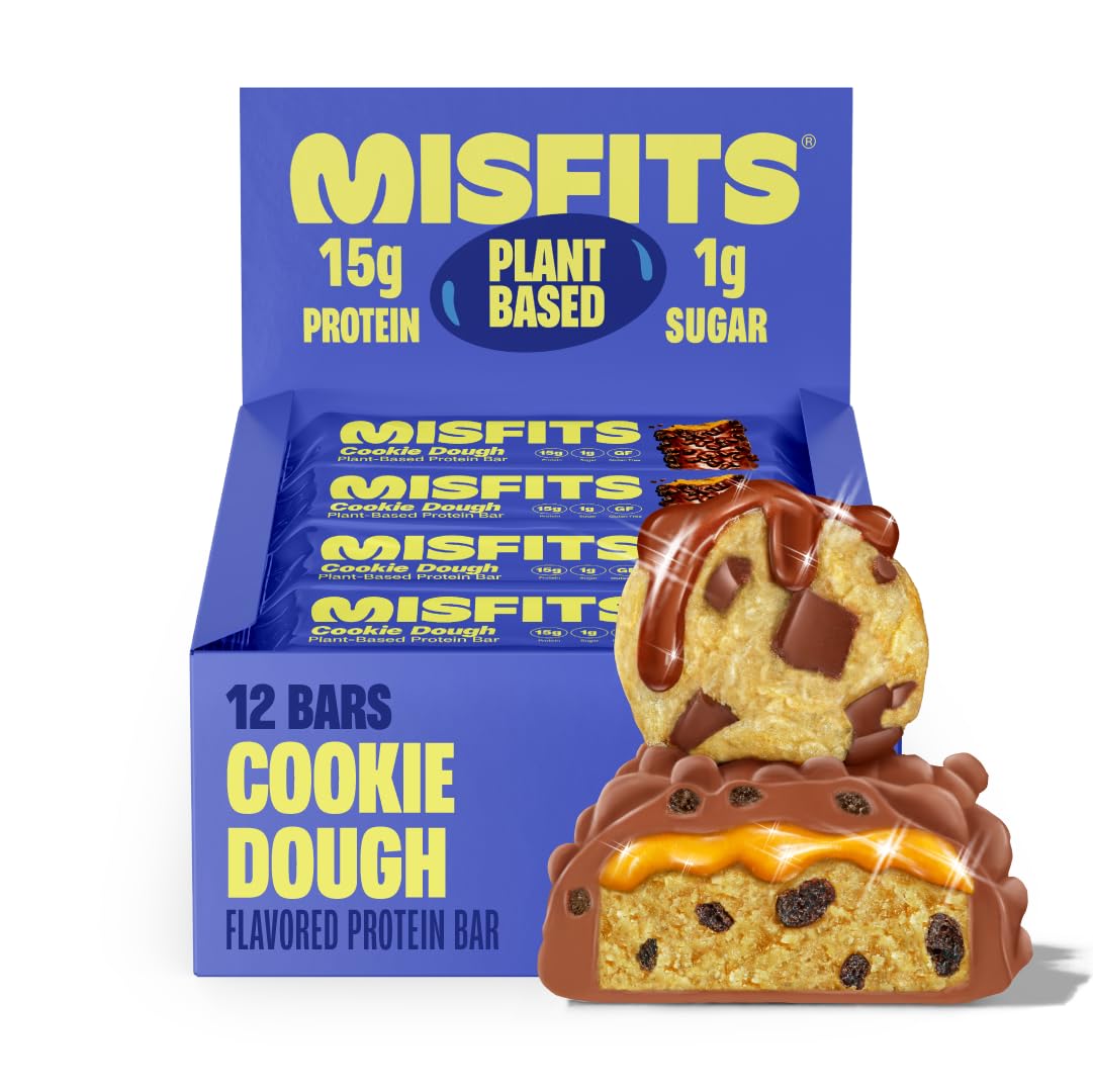 Misfits Vegan Protein Bars - Chewy Cookie Dough | Nutrition Bars - 15g Protein, 1g Sugar, Plant-based, Low Carb, Non-GMO, Gluten Free Snacks | Pack of 12