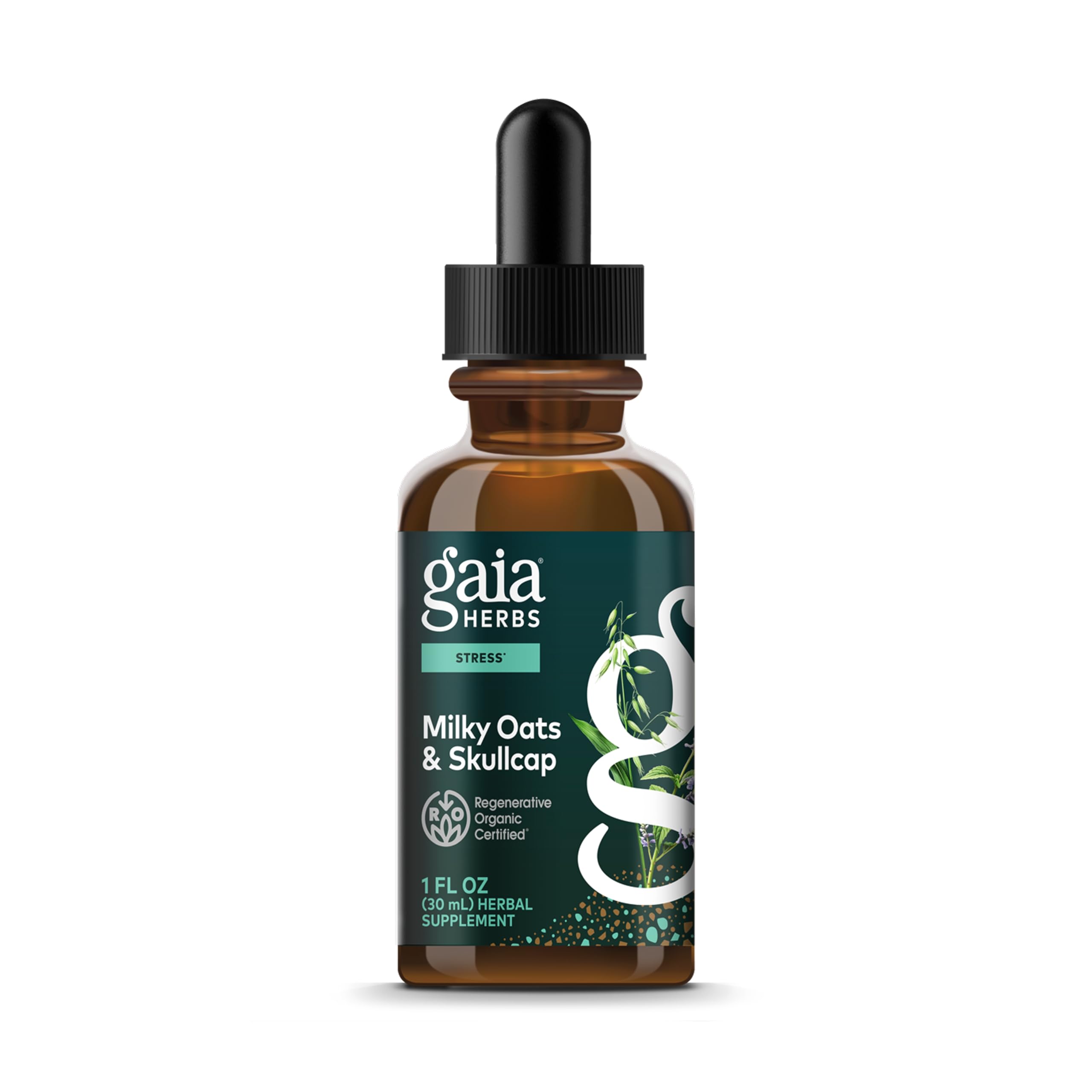 Gaia Herbs Milky Oats & Skullcap, 1 fl oz, Regenerative Organic Certified | Herbal Stress Support Tincture, Purity Tested, Gluten-Free, Vegan, Non-GMO Project Verified