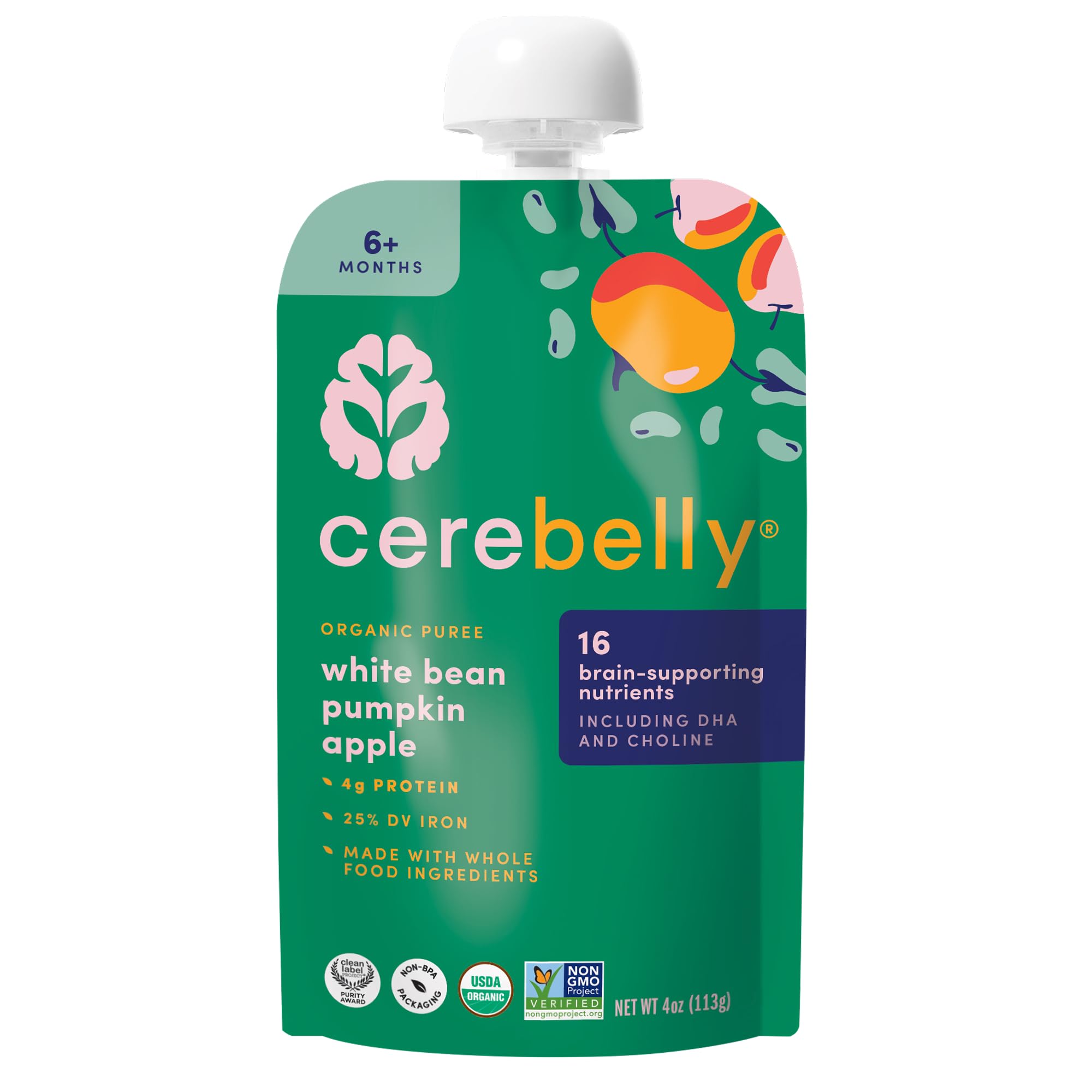 Cerebelly Organic Baby Food Pouches, White Bean Pumpkin Apple Purees, 16 Nutrients, No Added Sugar, Fiber & Non-GMO, 4oz, 1 Count