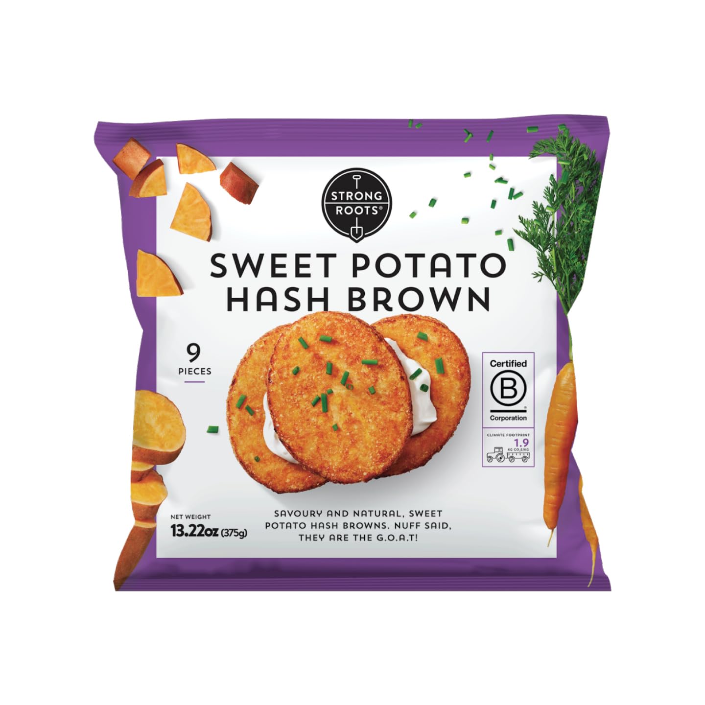 Strong Roots Sweet Potato Hash Browns, 7 Frozen Patties, Vegan & Gluten Free, Low in Sugar, Salt & Saturated Fat, No Trans Fat