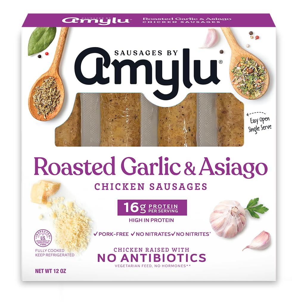 Amylu Foods Roasted Garlic & Asiago Chicken Sausage, Natural Ingredients, 16g of Protein, GAP Certified Chicken Raised with No Antibiotics, Fully Cooked, Gluten-Free, Pork-Free, No Nitrates or Nitrites, 12 oz