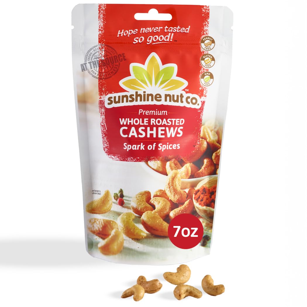 Sunshine Nut Co. Roasted Cashews, Adults, Spark of Spices, Single 7 oz Bag | Whole Roasted, Gluten Free, Peanut Free, Vegan, GMO Free, Snack for Kids and Adults, Spark of Spices Flavor, Single 7 oz
