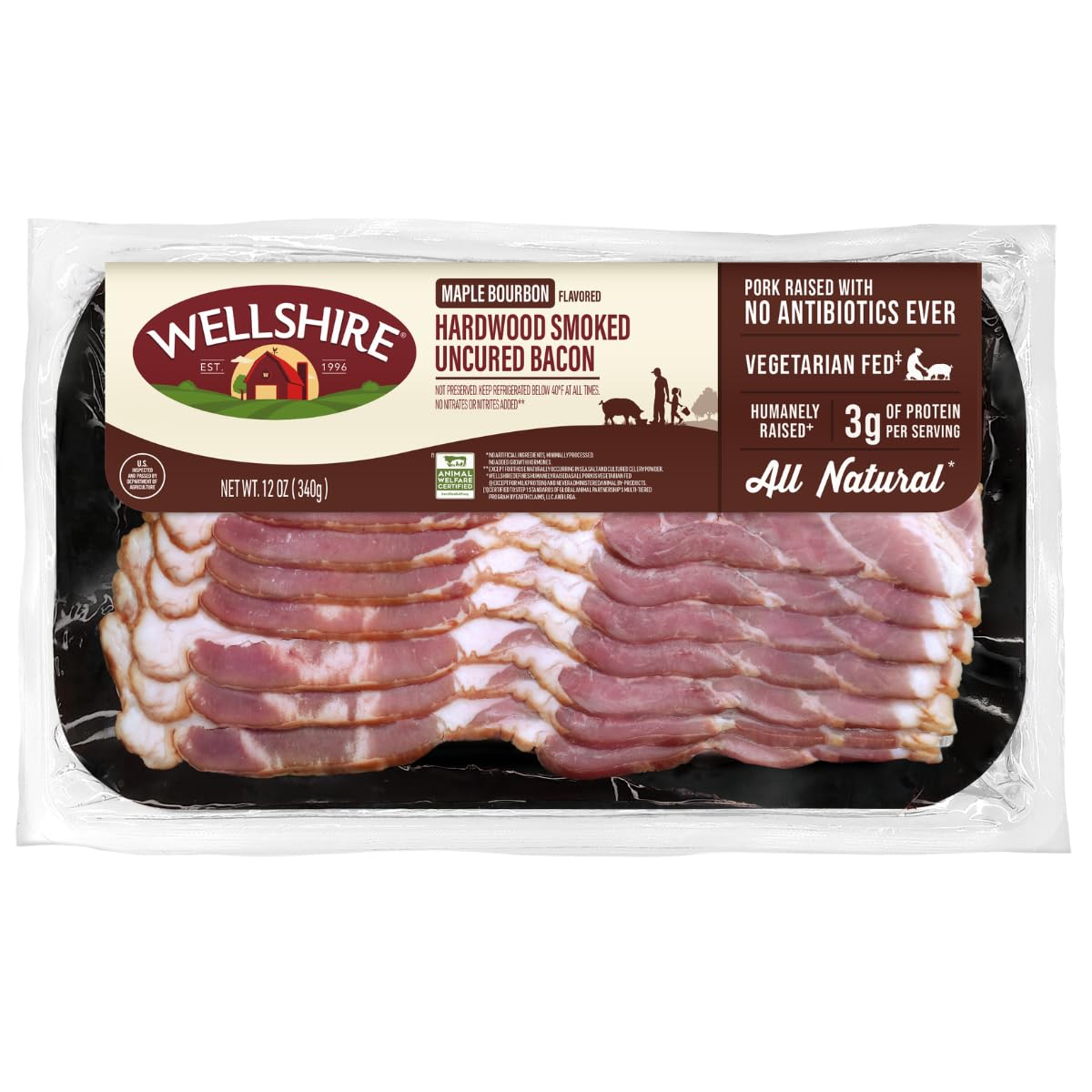 Wellshire Farms Maple Bourbon Hardwood Smoked Uncured Bacon 12 oz | No Nitrates or Nitrites Added | Thick Cut Natural Pork Bacon