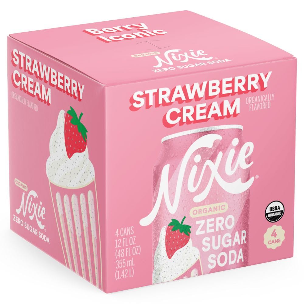 Nixie Organic Zero Sugar Soda - Strawberry Cream, 4-pack | Zero Calories • USDA Certified Organic • No Artificial Sweeteners • Non GMO • Caffeine Free